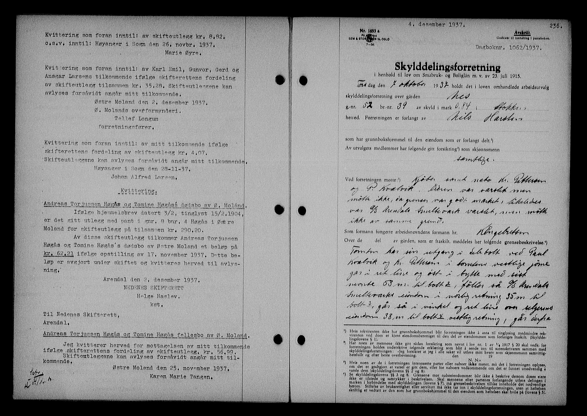 Nedenes sorenskriveri, AV/SAK-1221-0006/G/Gb/Gba/L0044: Mortgage book no. 40, 1937-1938, Diary no: : 1062/1937