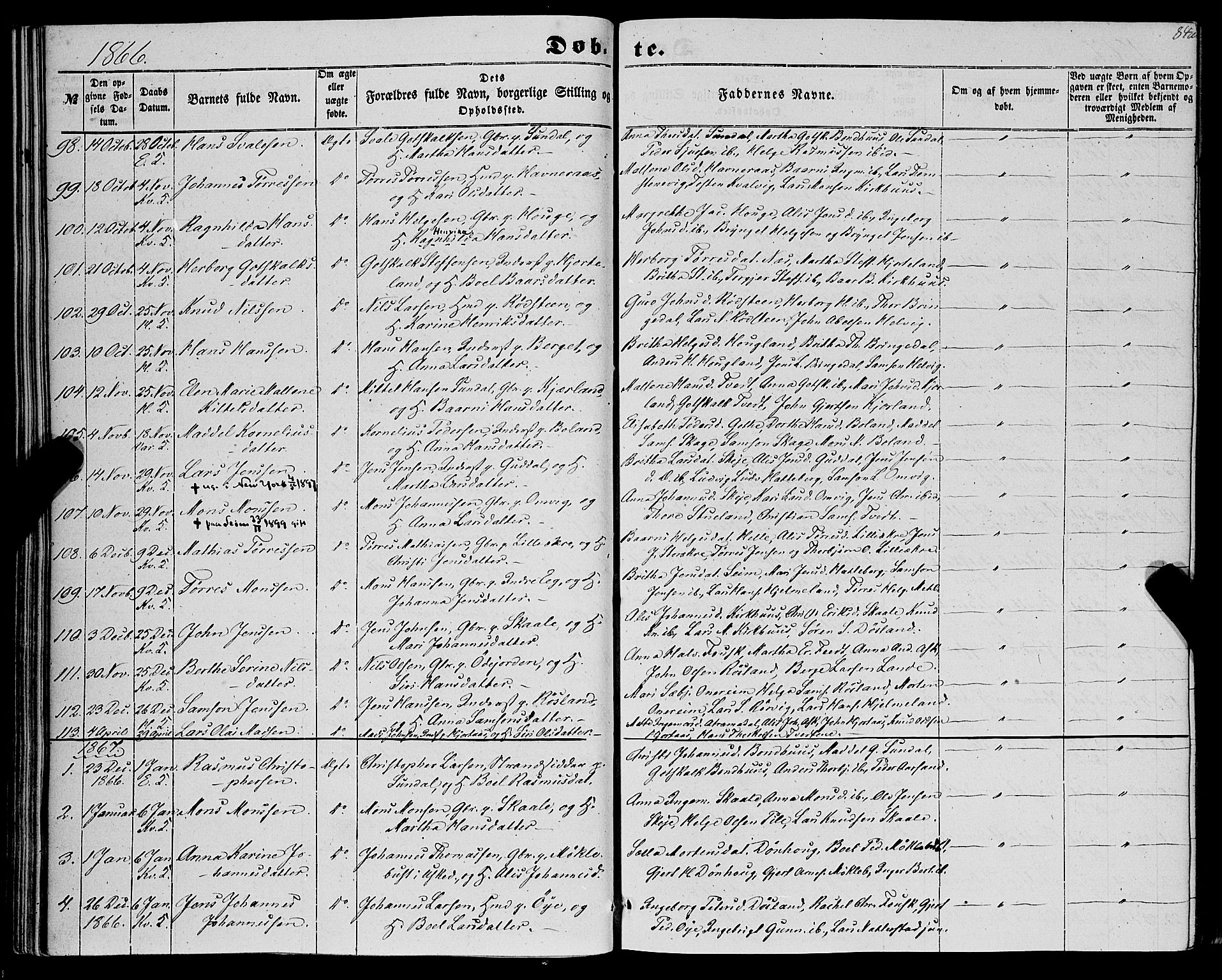 Kvinnherad sokneprestembete, SAB/A-76401/H/Haa: Parish register (official) no. A 8, 1854-1872, p. 84