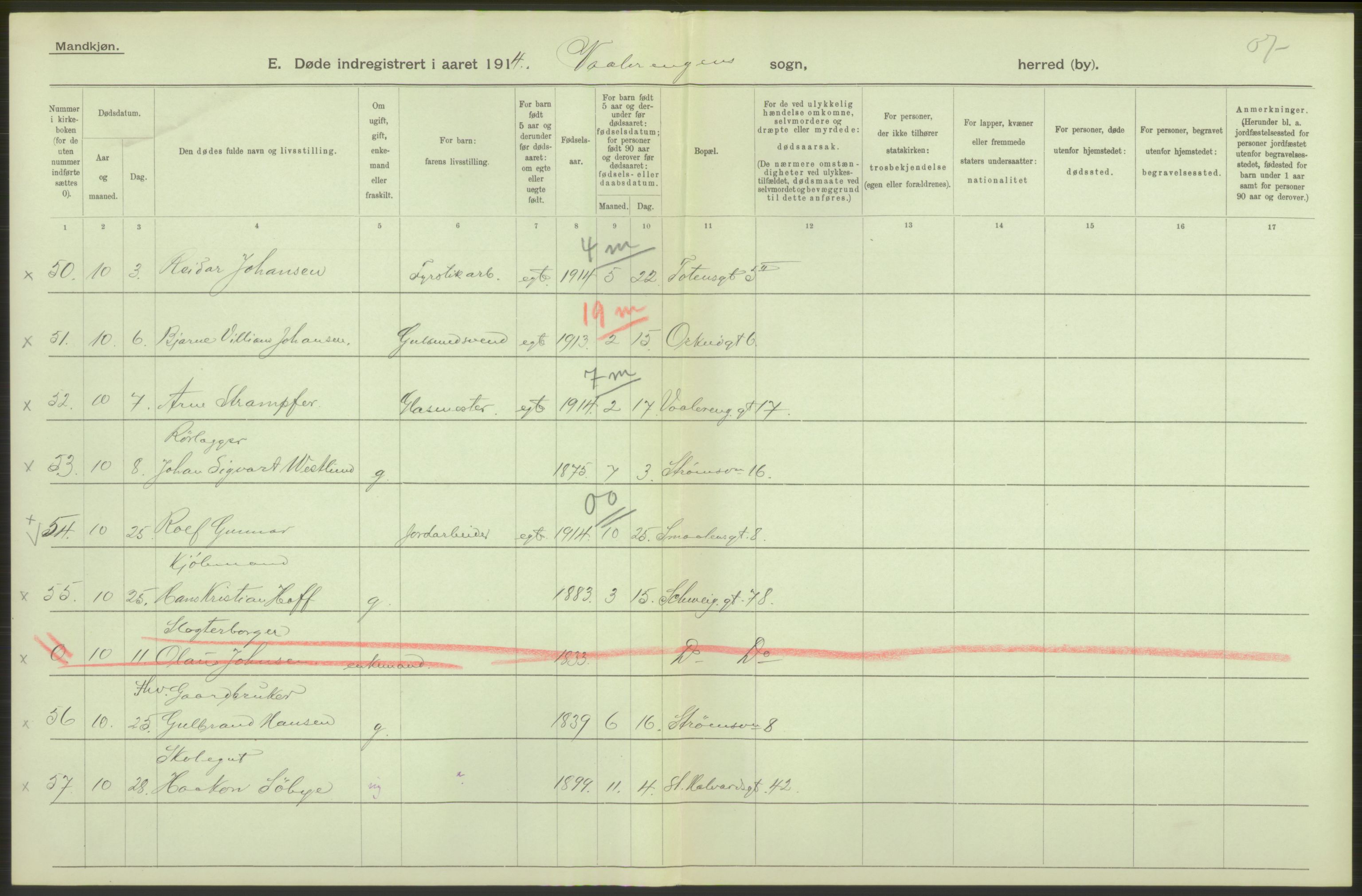 Statistisk sentralbyrå, Sosiodemografiske emner, Befolkning, AV/RA-S-2228/D/Df/Dfb/Dfbd/L0008: Kristiania: Døde, 1914, p. 170