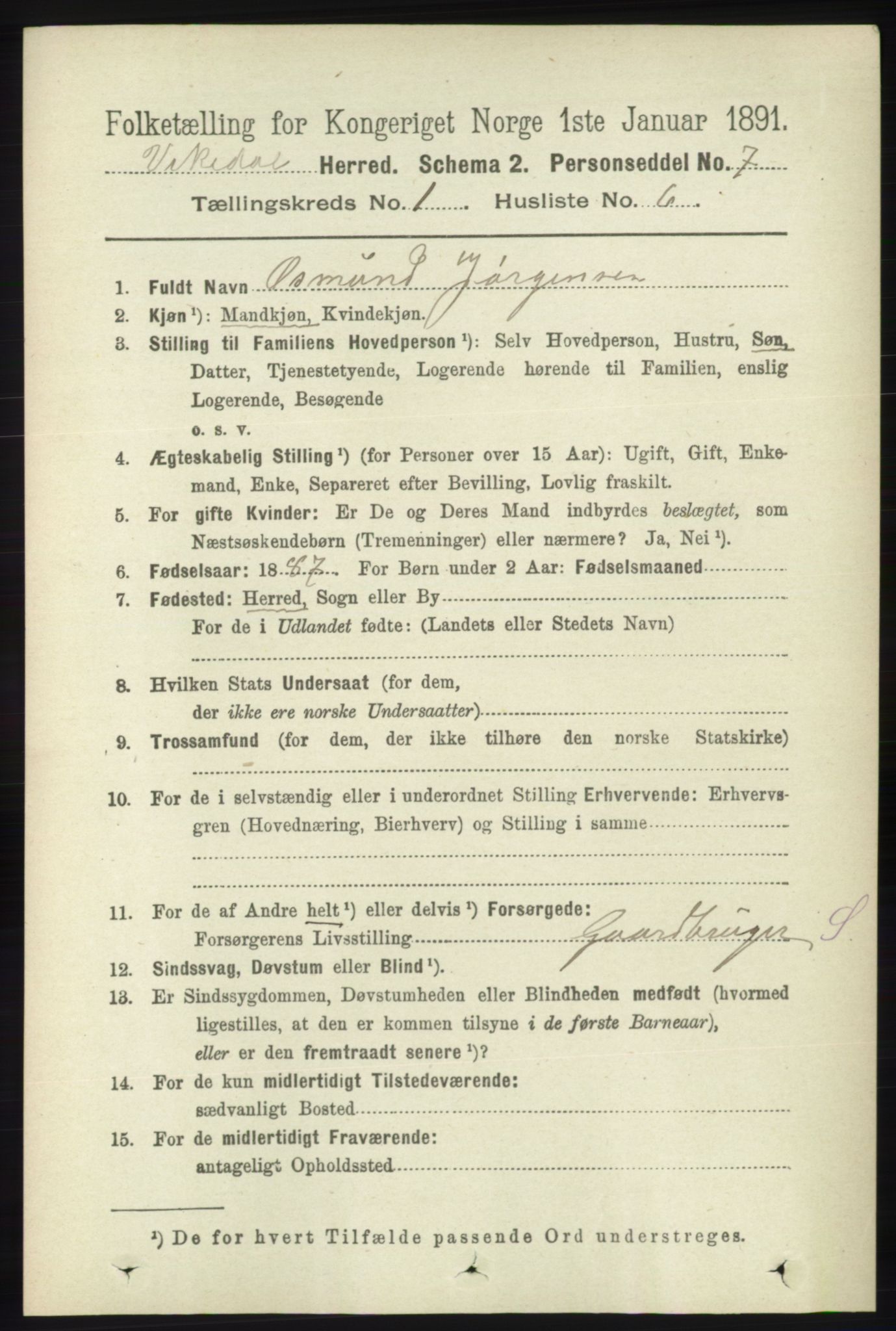 RA, 1891 census for 1157 Vikedal, 1891, p. 96