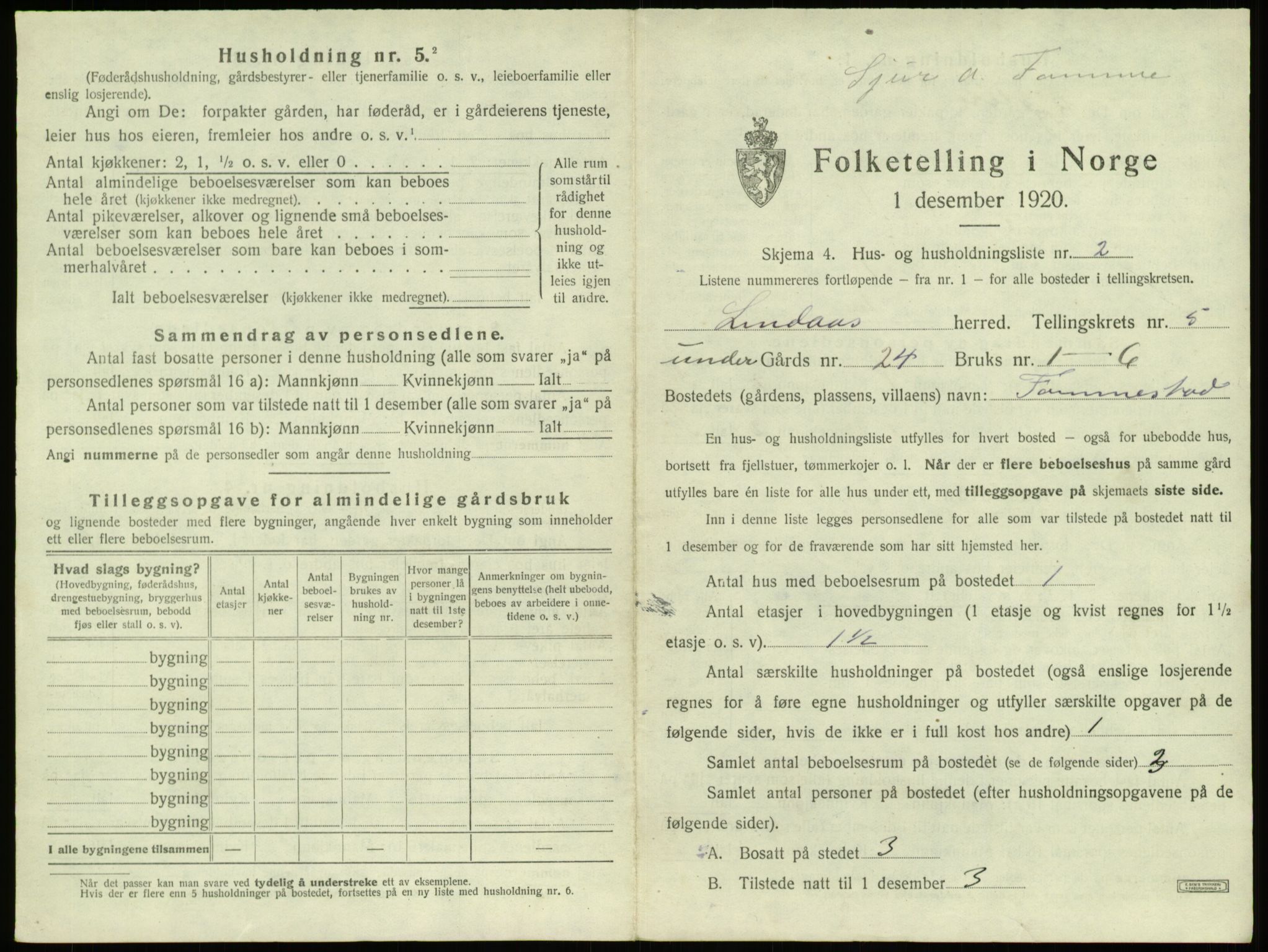 SAB, 1920 census for Lindås, 1920, p. 287