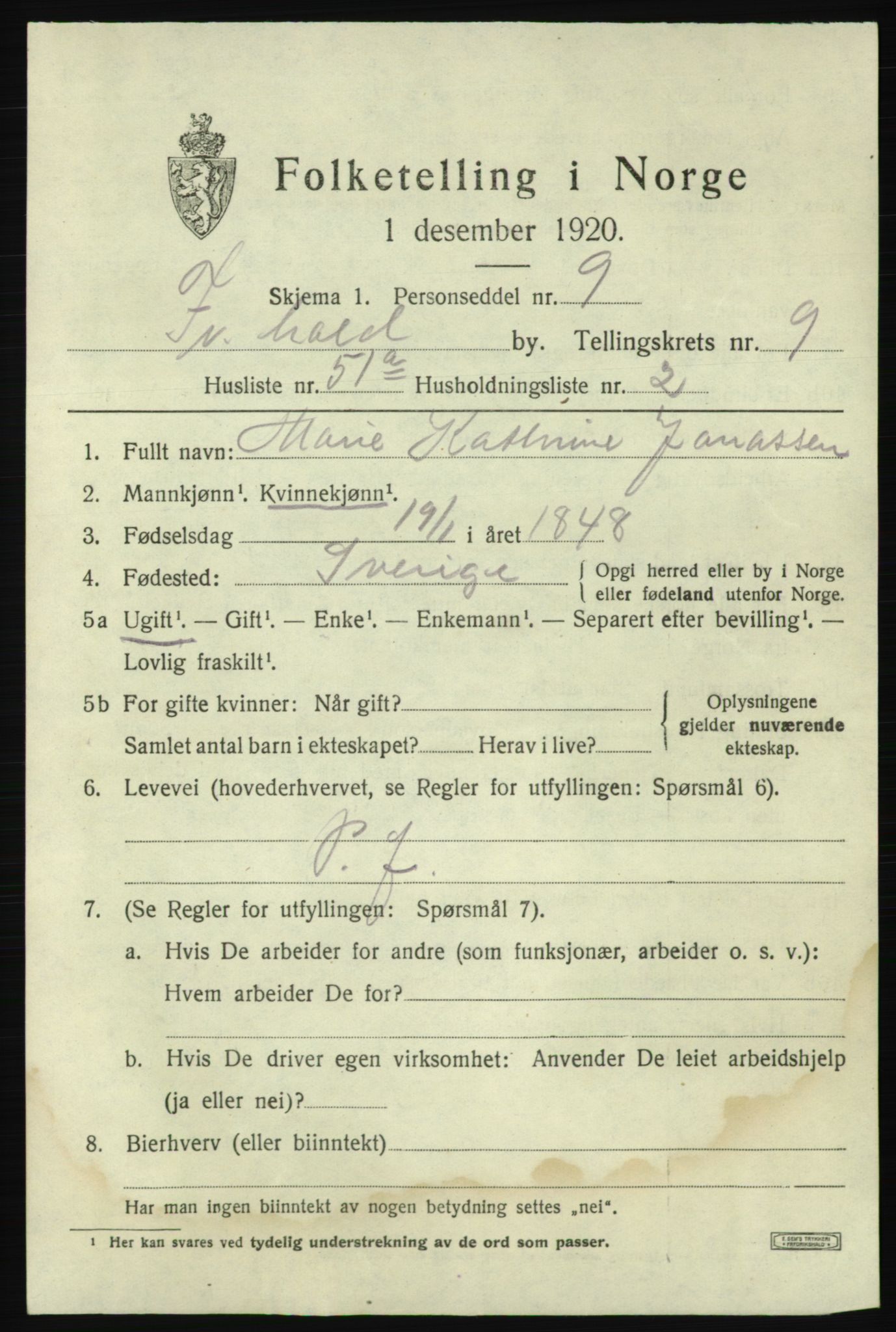 SAO, 1920 census for Fredrikshald, 1920, p. 17141
