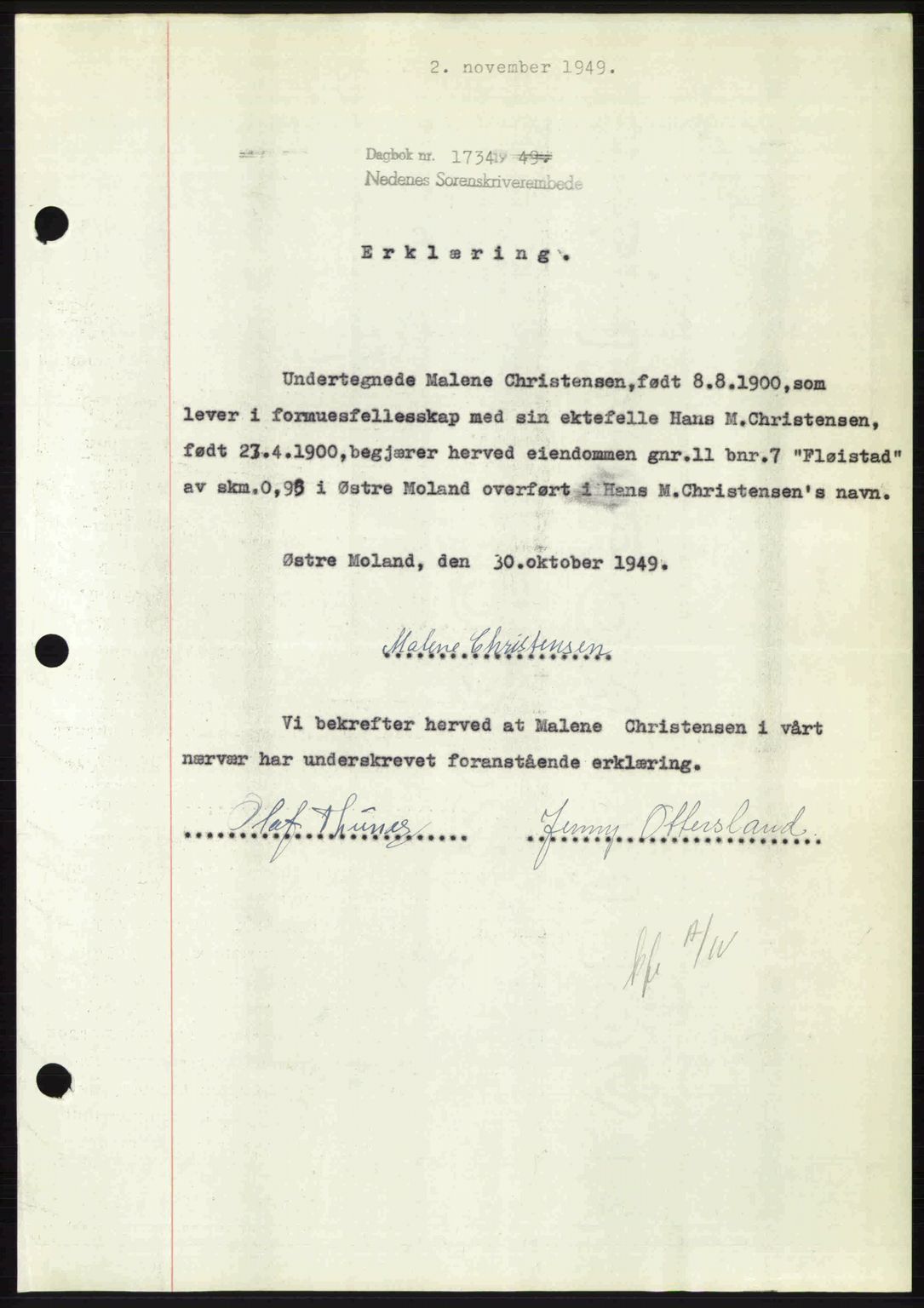 Nedenes sorenskriveri, SAK/1221-0006/G/Gb/Gba/L0061: Mortgage book no. A13, 1949-1949, Diary no: : 1734/1949