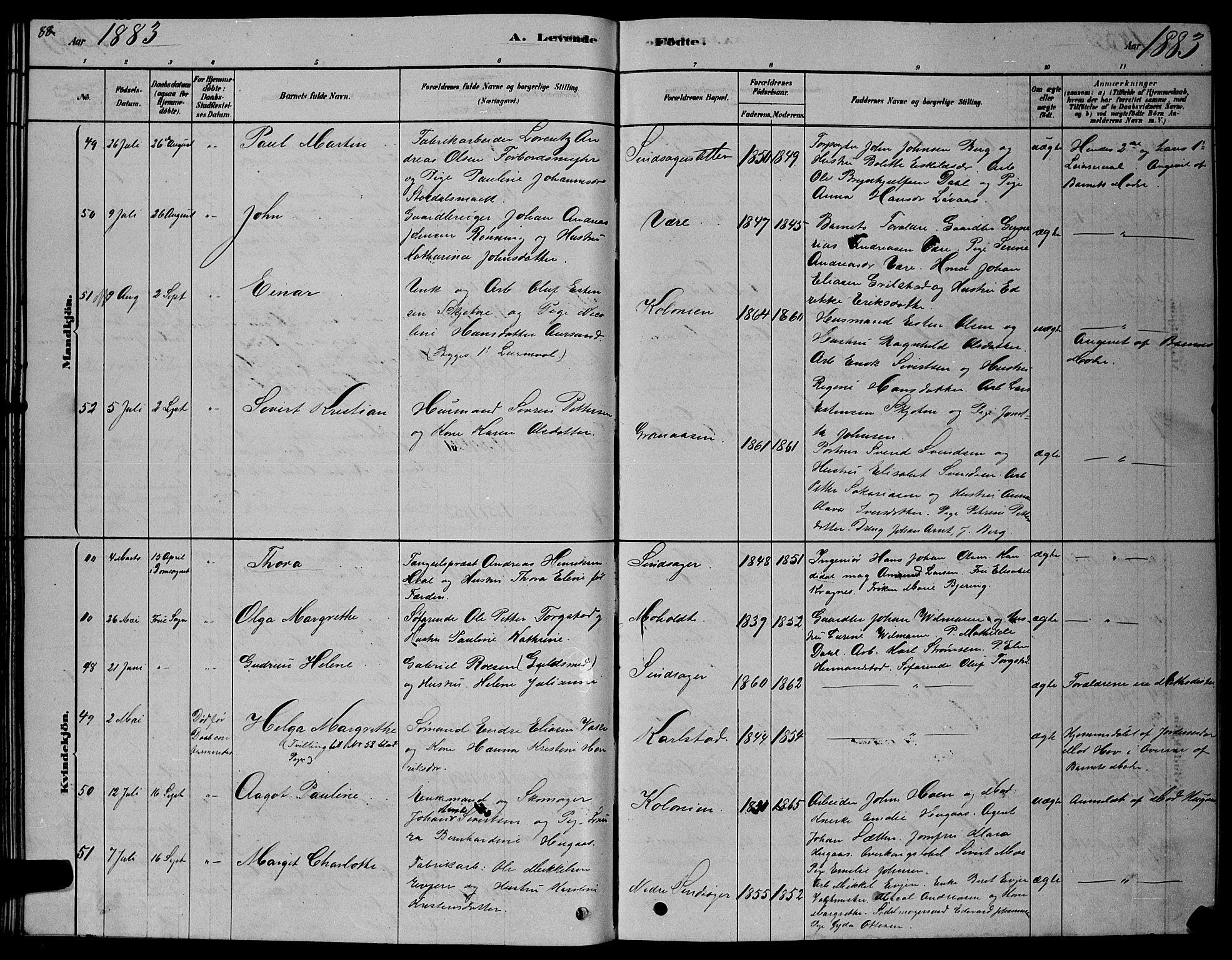 Ministerialprotokoller, klokkerbøker og fødselsregistre - Sør-Trøndelag, SAT/A-1456/606/L0312: Parish register (copy) no. 606C08, 1878-1894, p. 88