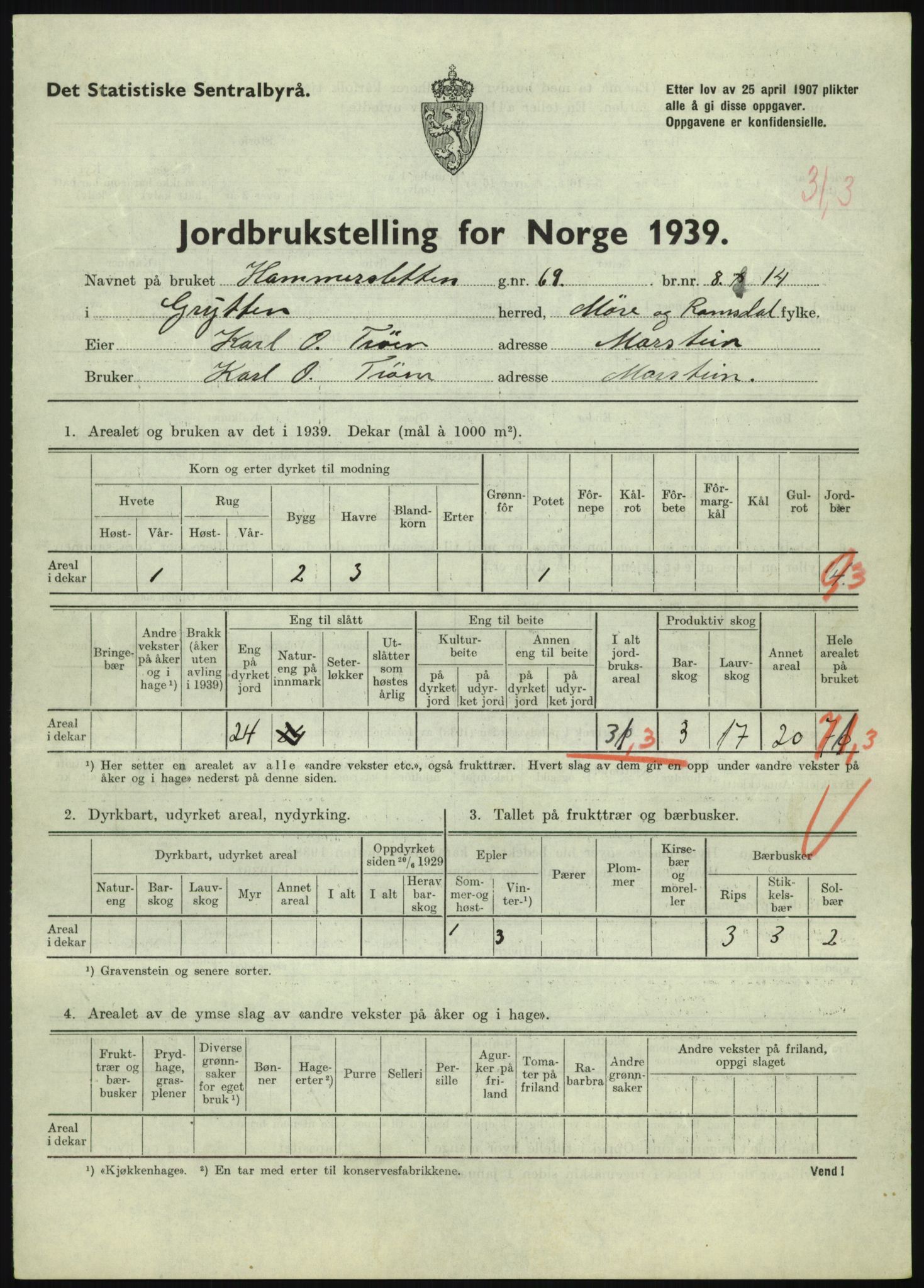 Statistisk sentralbyrå, Næringsøkonomiske emner, Jordbruk, skogbruk, jakt, fiske og fangst, AV/RA-S-2234/G/Gb/L0251: Møre og Romsdal: Voll, Eid, Grytten og Hen, 1939, p. 651