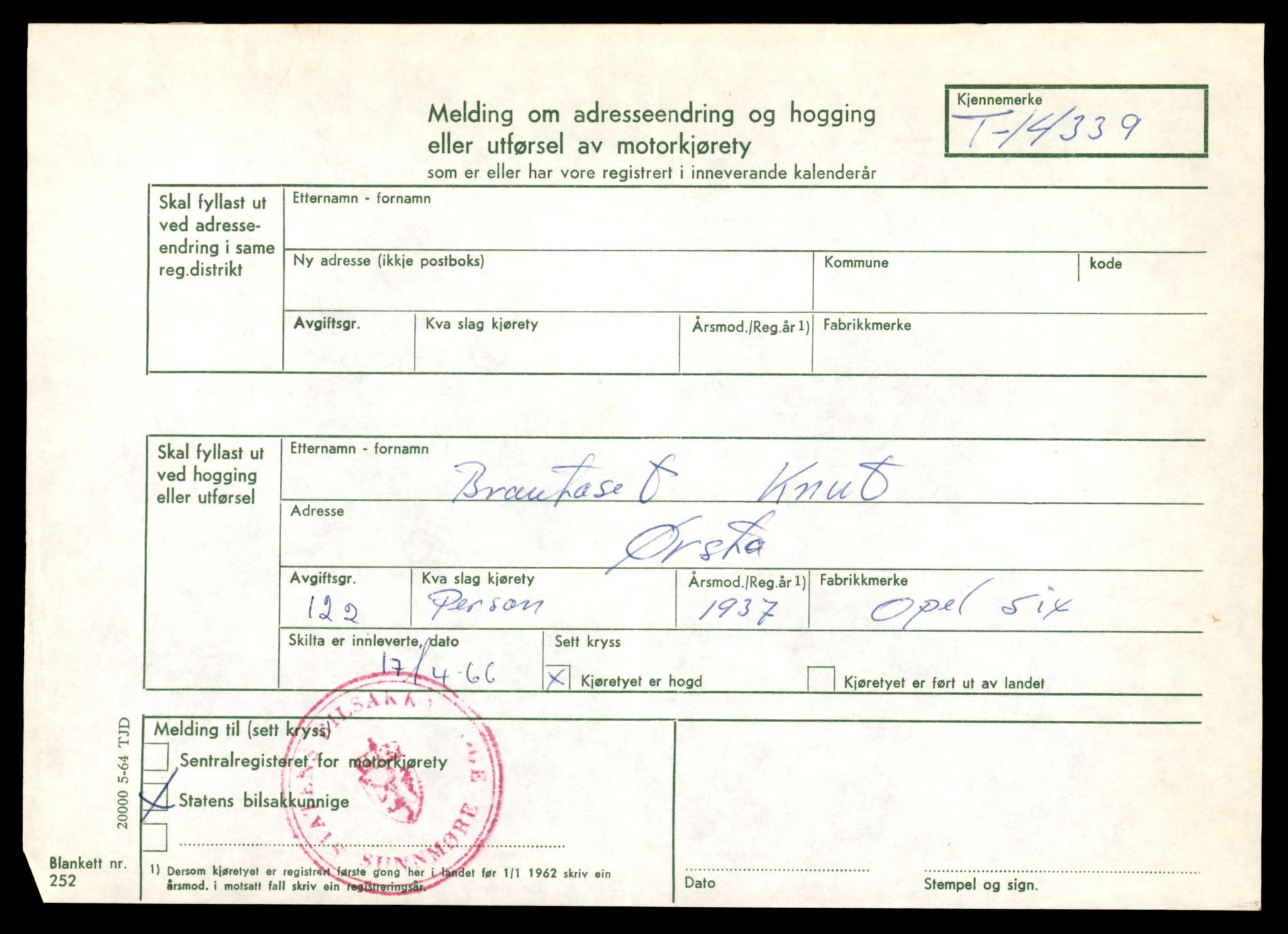 Møre og Romsdal vegkontor - Ålesund trafikkstasjon, AV/SAT-A-4099/F/Fe/L0045: Registreringskort for kjøretøy T 14320 - T 14444, 1927-1998, p. 527