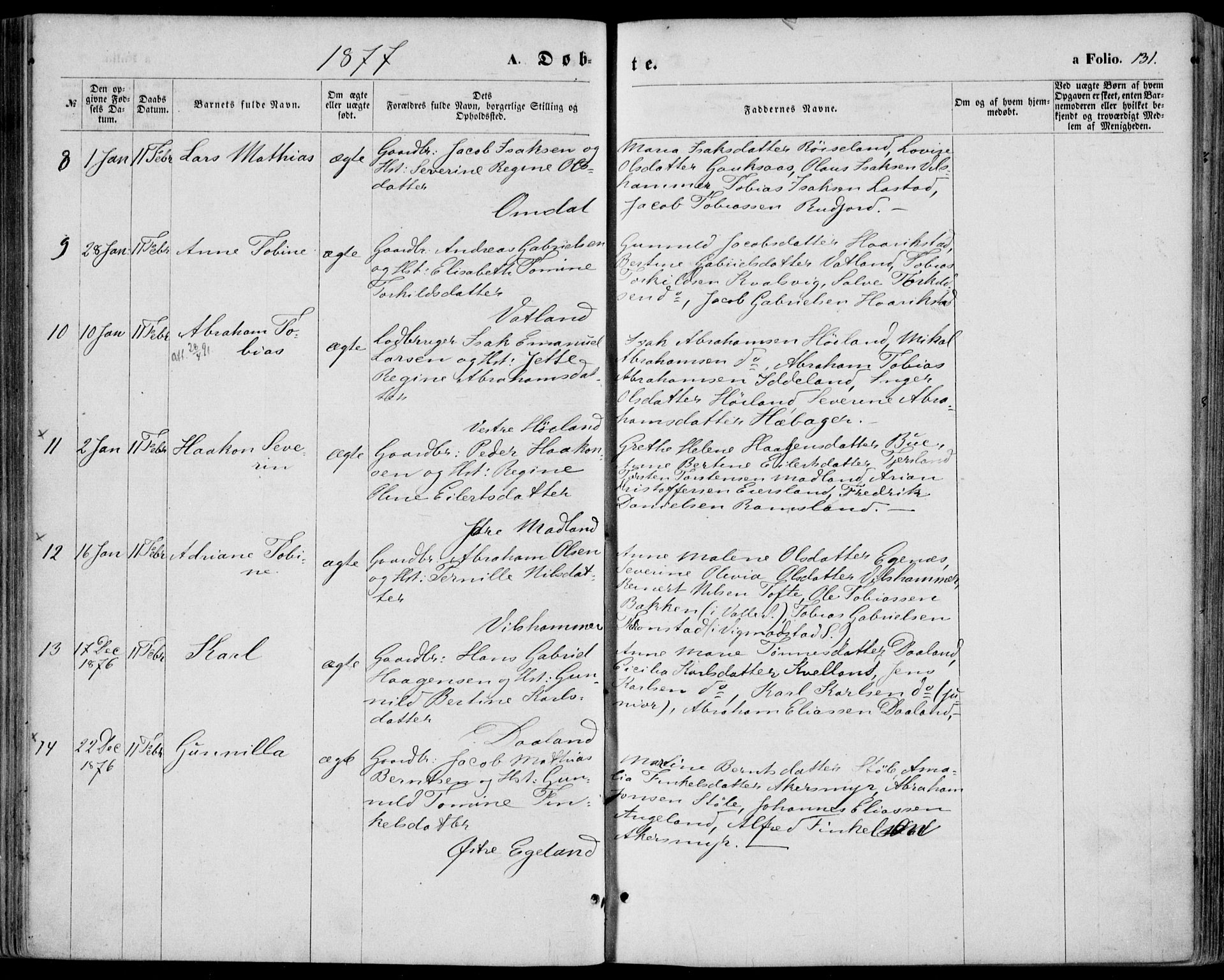 Lyngdal sokneprestkontor, SAK/1111-0029/F/Fa/Fac/L0010: Parish register (official) no. A 10, 1865-1878, p. 131