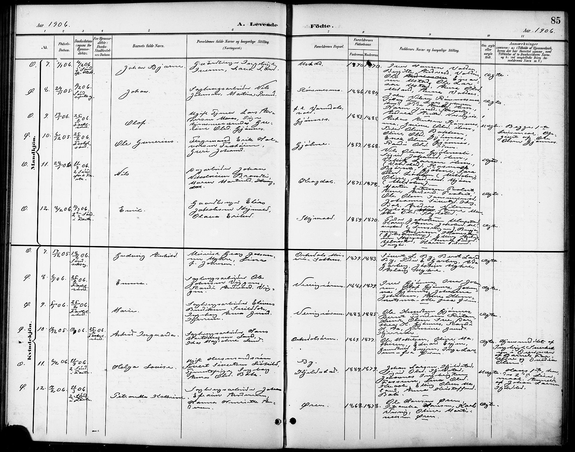 Ministerialprotokoller, klokkerbøker og fødselsregistre - Sør-Trøndelag, SAT/A-1456/668/L0819: Parish register (copy) no. 668C08, 1899-1912, p. 85