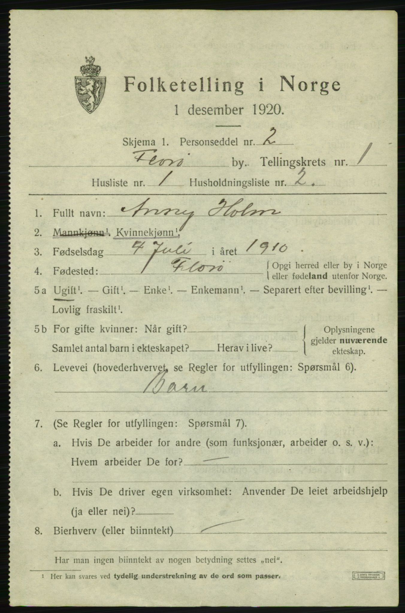 SAB, 1920 census for Florø, 1920, p. 1074