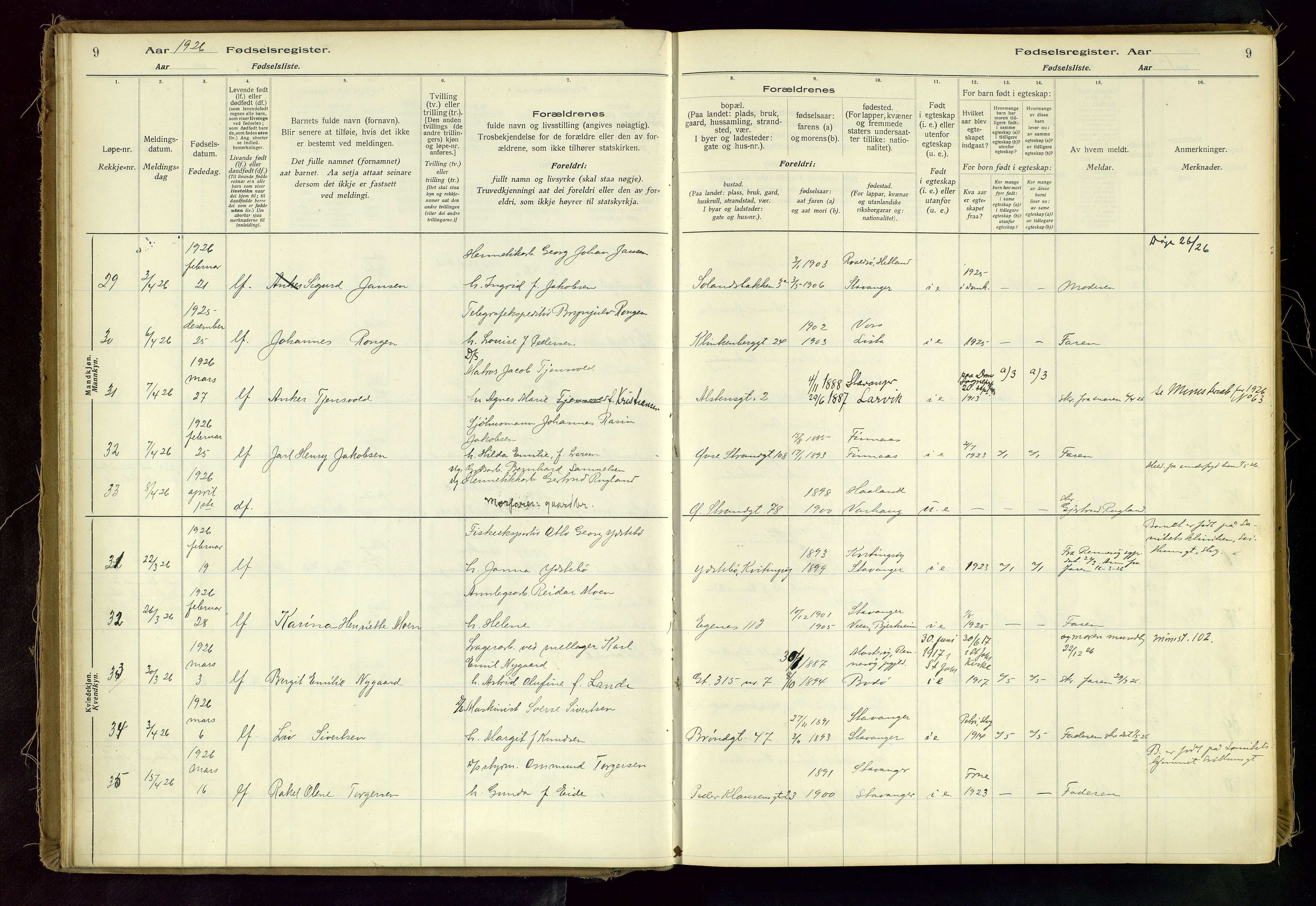 Domkirken sokneprestkontor, AV/SAST-A-101812/002/A/L0001: Birth register no. 1, 1925-1932, p. 9