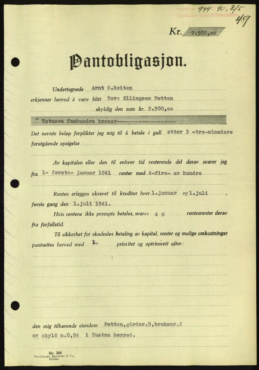 Nordmøre sorenskriveri, AV/SAT-A-4132/1/2/2Ca: Mortgage book no. B87, 1940-1941, Diary no: : 944/1940