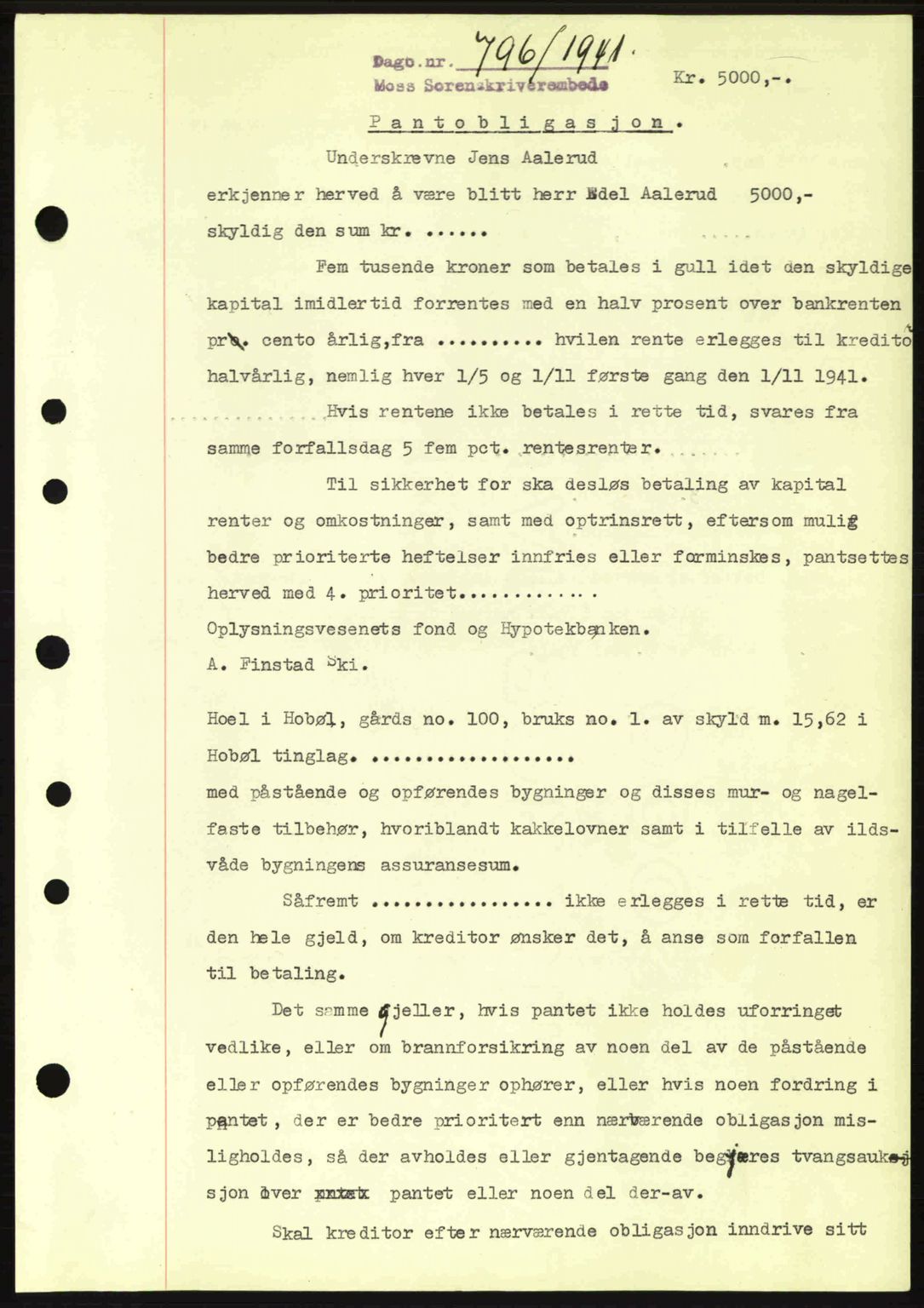 Moss sorenskriveri, SAO/A-10168: Mortgage book no. B10, 1940-1941, Diary no: : 796/1941