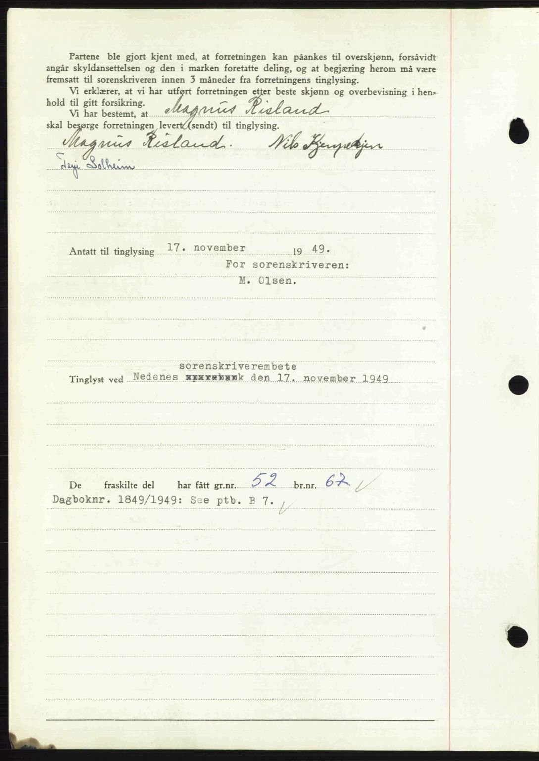 Nedenes sorenskriveri, AV/SAK-1221-0006/G/Gb/Gba/L0061: Mortgage book no. A13, 1949-1949, Diary no: : 1848/1949