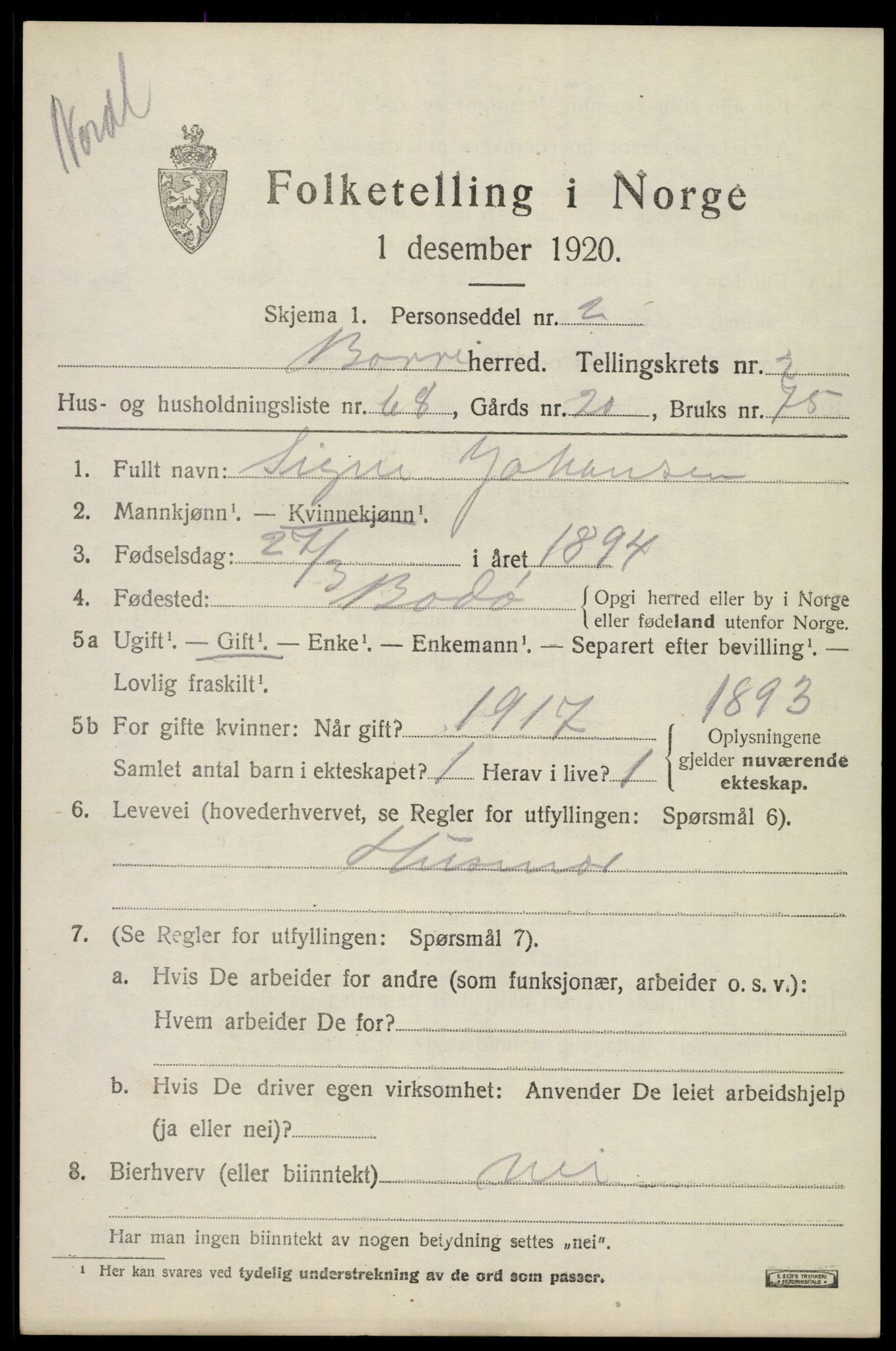 SAKO, 1920 census for Borre, 1920, p. 4970