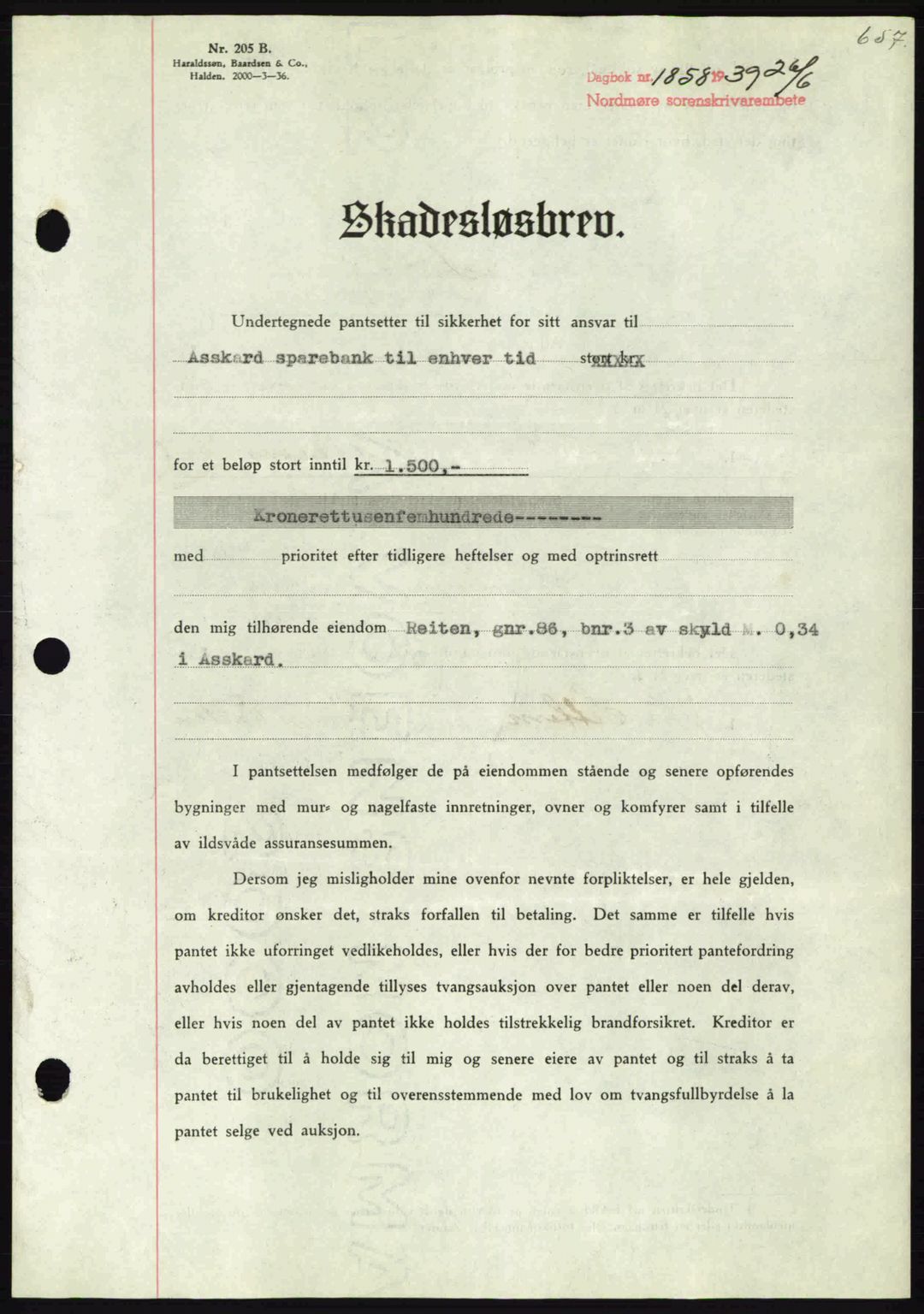 Nordmøre sorenskriveri, AV/SAT-A-4132/1/2/2Ca: Mortgage book no. B85, 1939-1939, Diary no: : 1858/1939