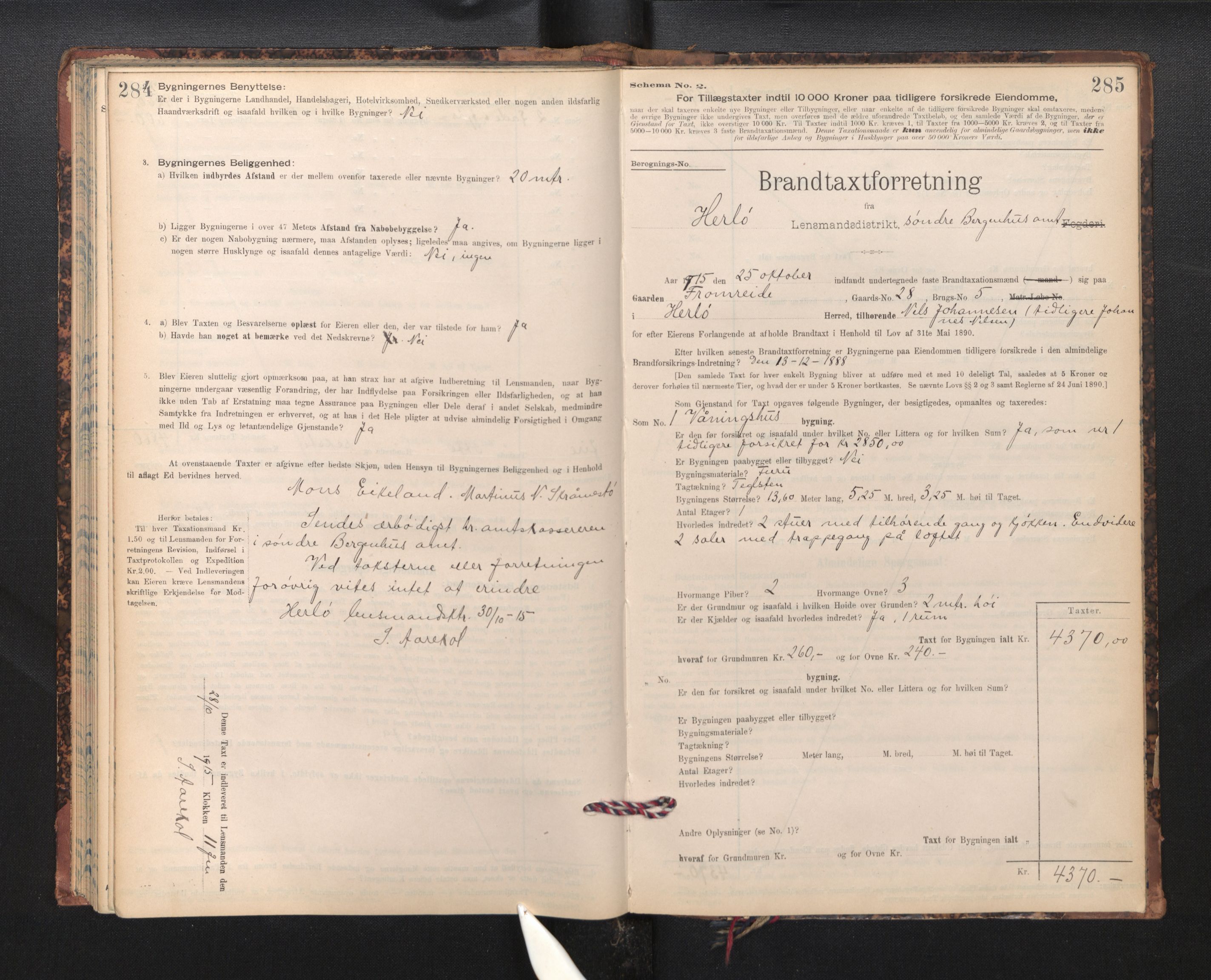 Lensmannen i Herdla, SAB/A-32901/0012/L0003:  Branntakstprotokoll skjematakst, 1897-1916, p. 284-285