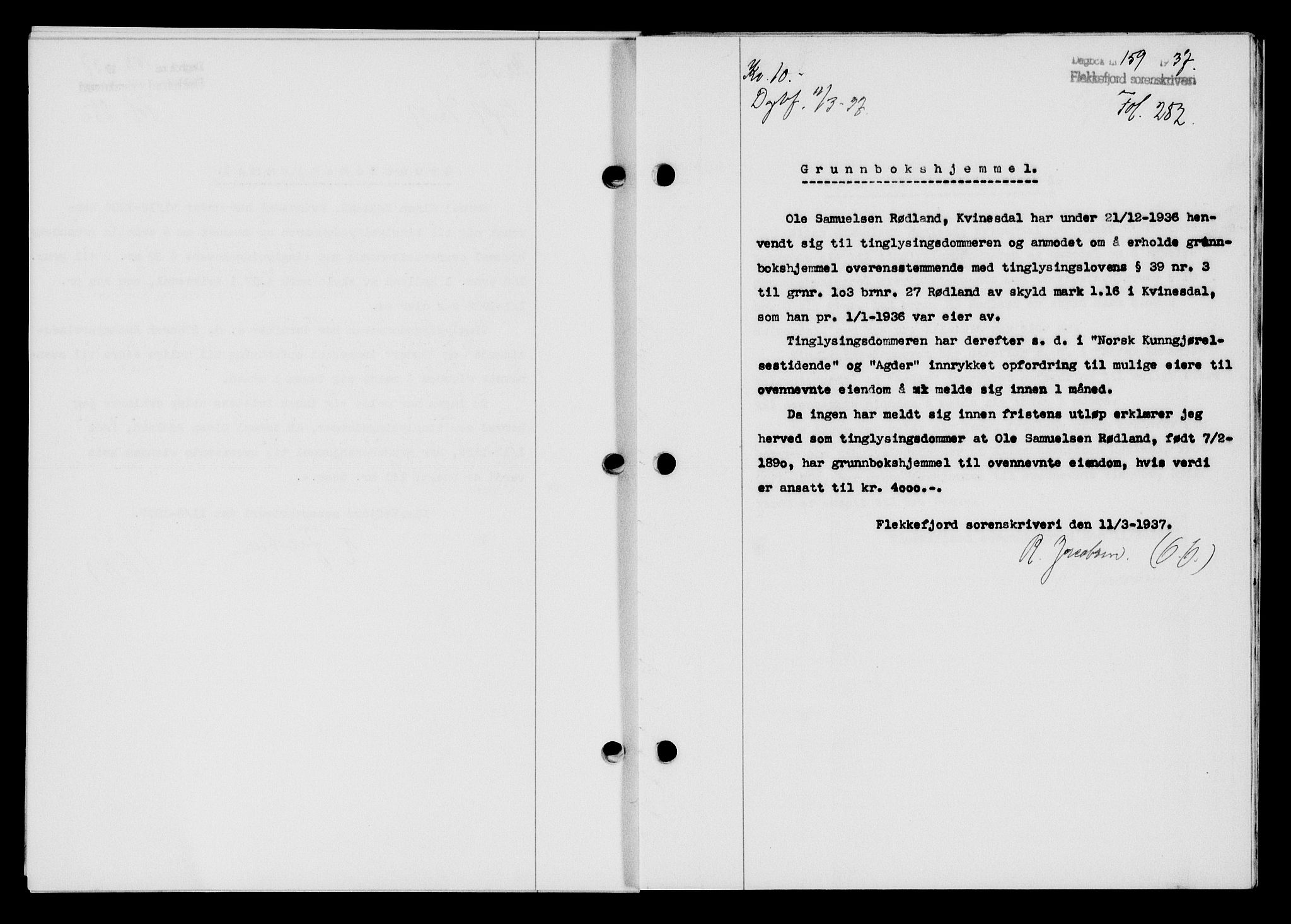 Flekkefjord sorenskriveri, SAK/1221-0001/G/Gb/Gba/L0053: Mortgage book no. A-1, 1936-1937, Diary no: : 159/1937