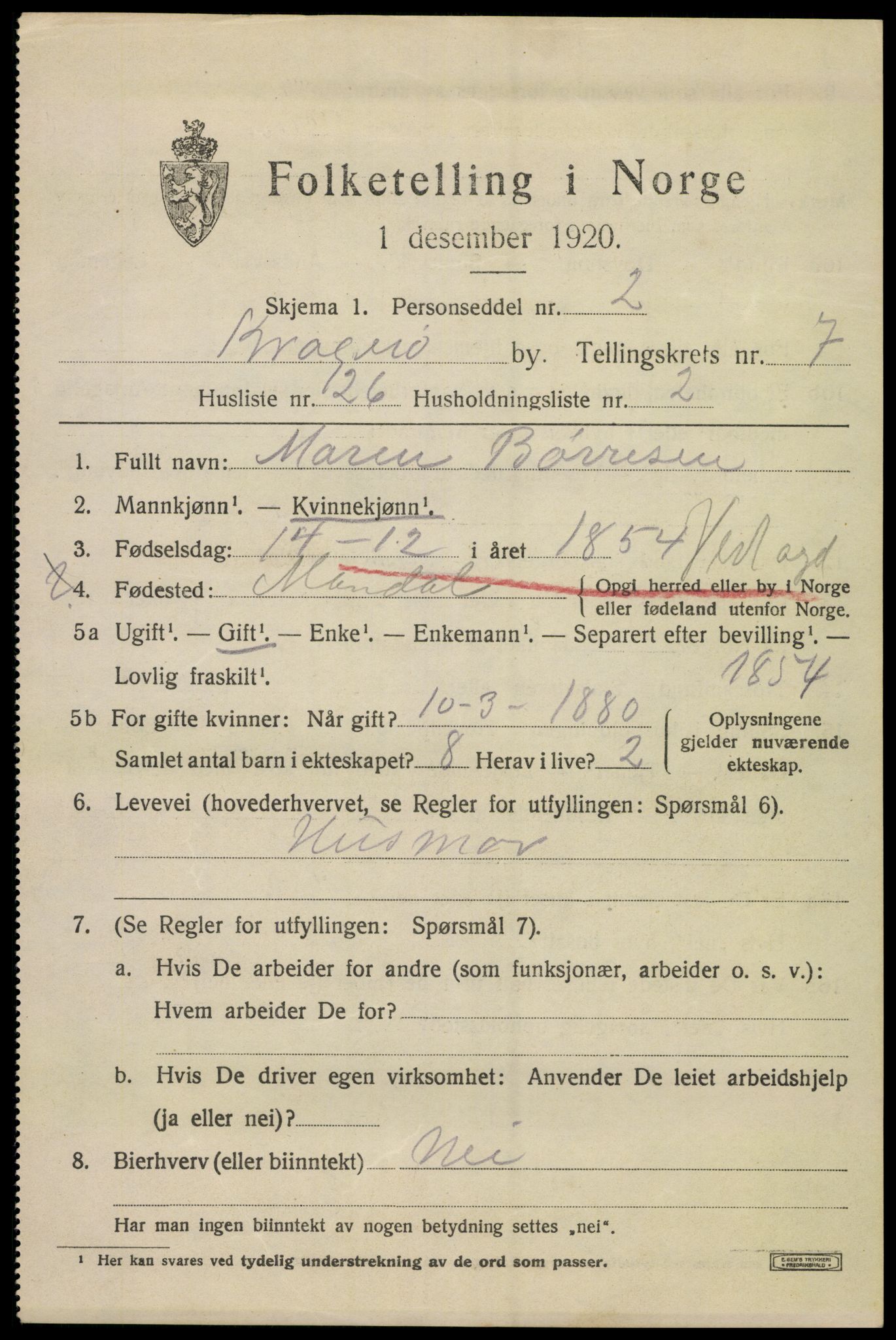 SAKO, 1920 census for Kragerø, 1920, p. 9987