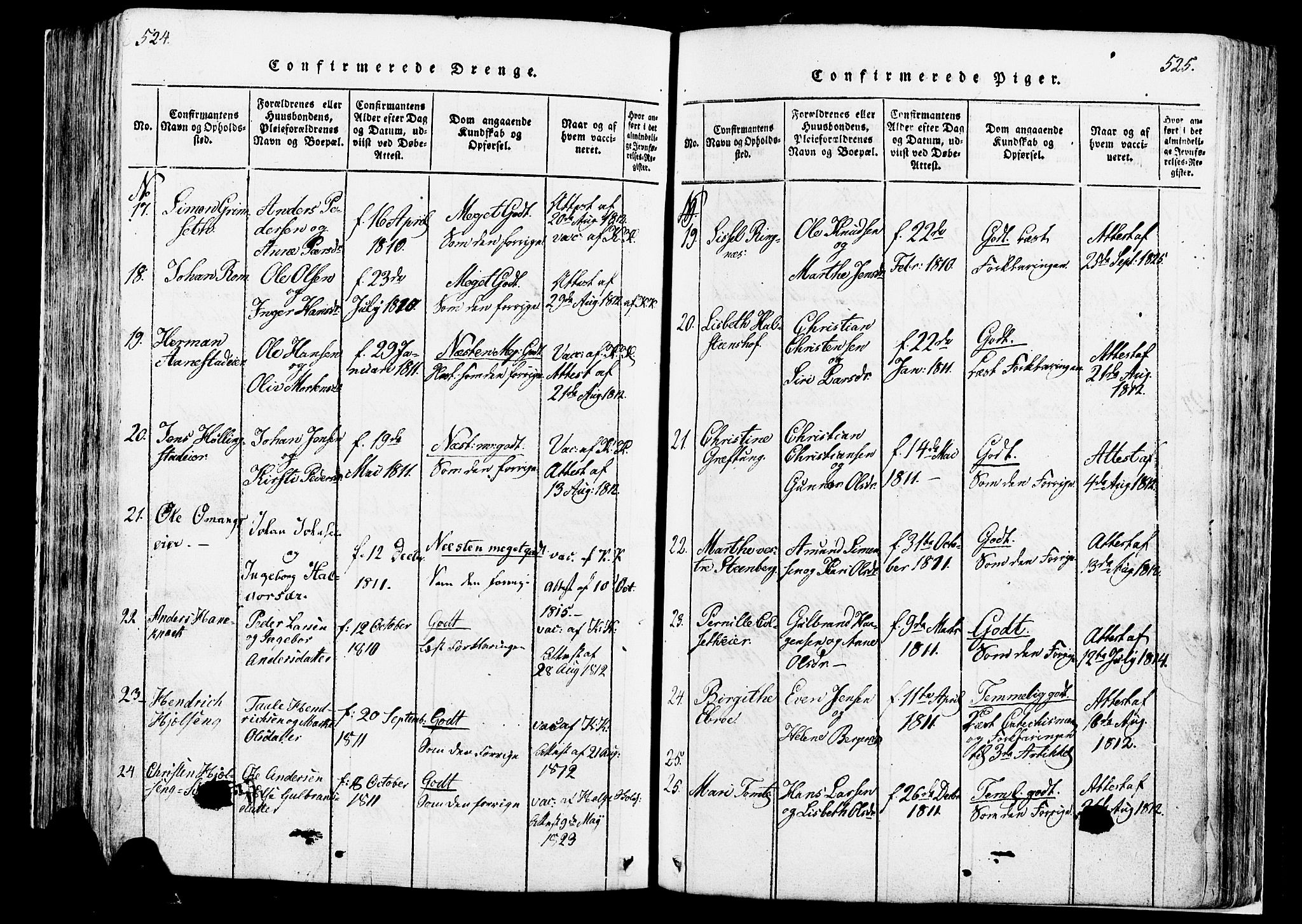 Løten prestekontor, AV/SAH-PREST-022/K/Ka/L0005: Parish register (official) no. 5, 1814-1832, p. 524-525