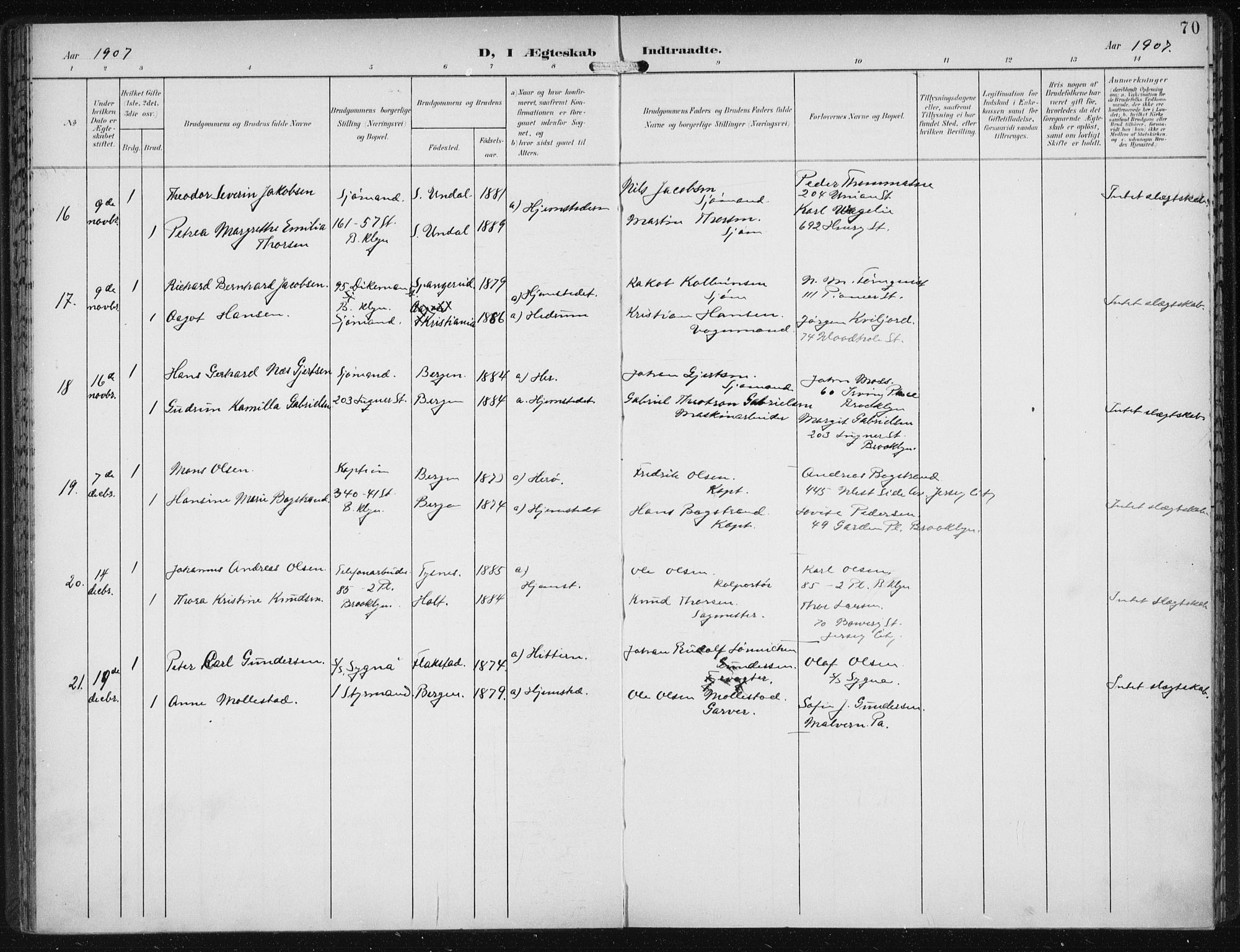 Den norske sjømannsmisjon i utlandet/New York, SAB/SAB/PA-0110/H/Ha/L0005: Parish register (official) no. A 5, 1902-1908, p. 70