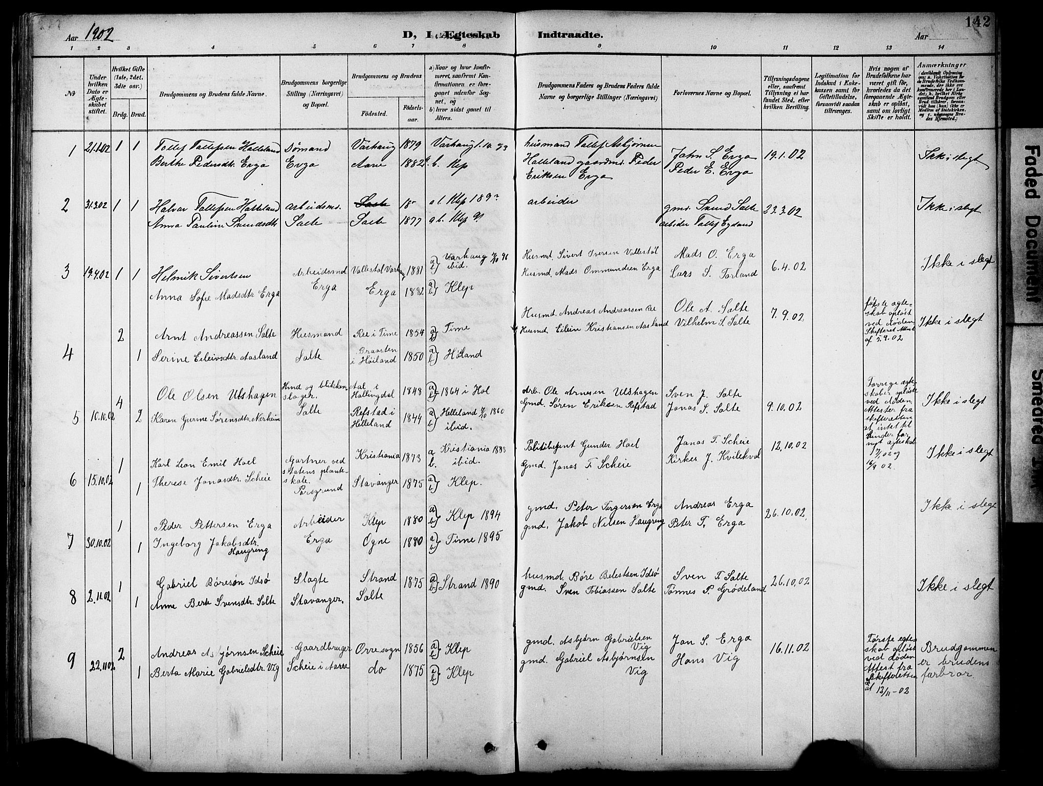 Klepp sokneprestkontor, AV/SAST-A-101803/001/3/30BB/L0005: Parish register (copy) no. B 5, 1889-1918, p. 142