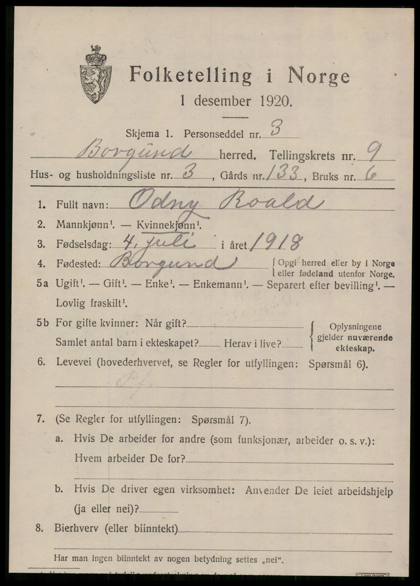 SAT, 1920 census for Borgund, 1920, p. 8004