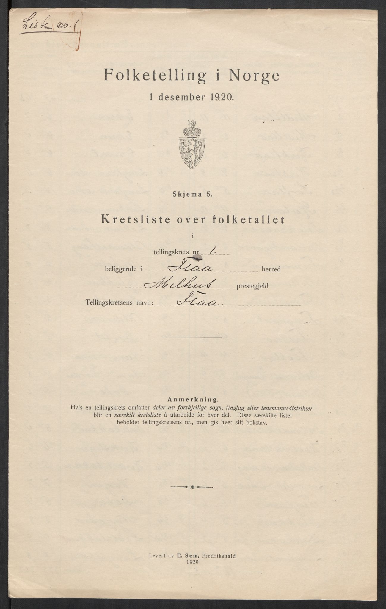 SAT, 1920 census for Flå, 1920, p. 6