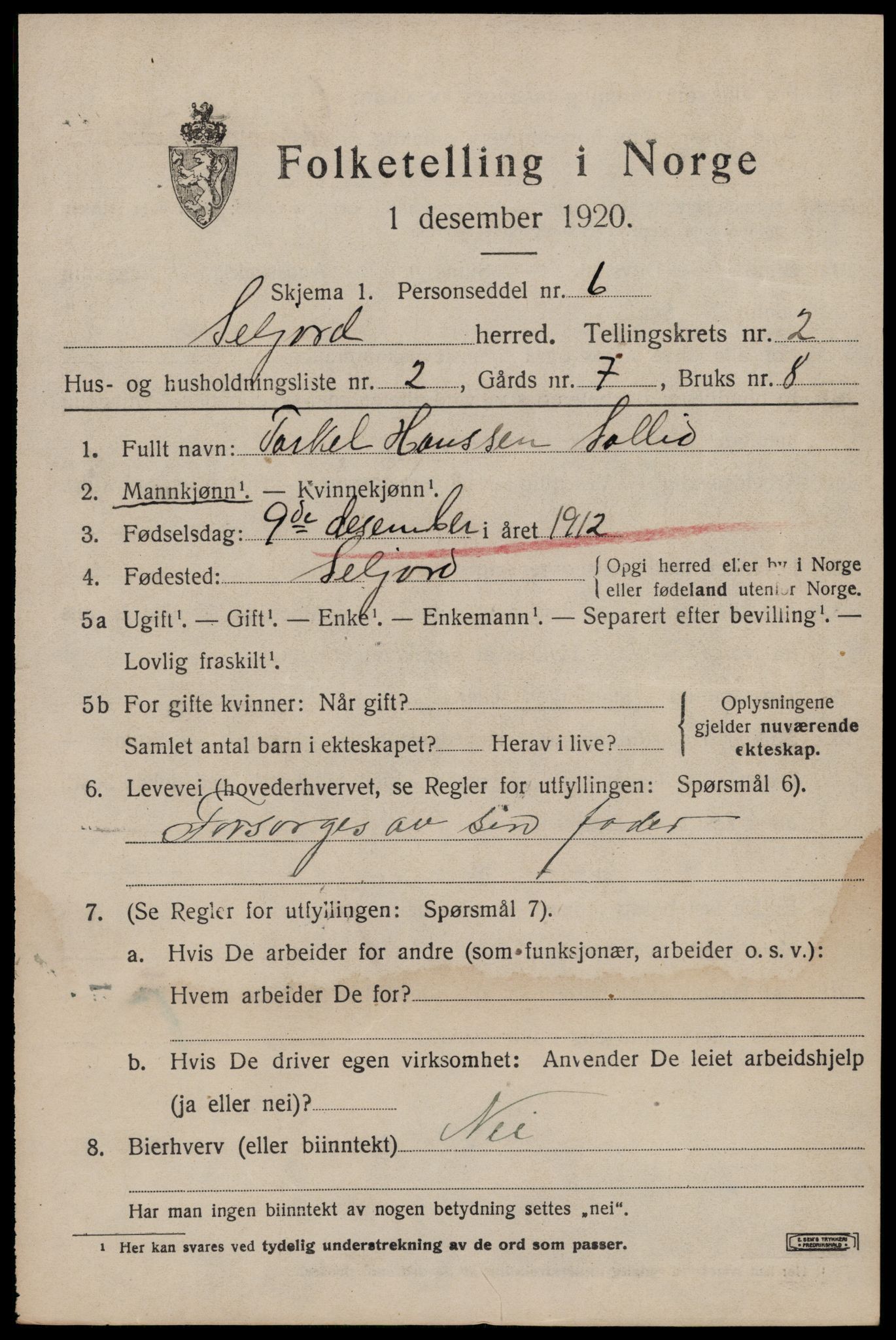 SAKO, 1920 census for Seljord, 1920, p. 1544