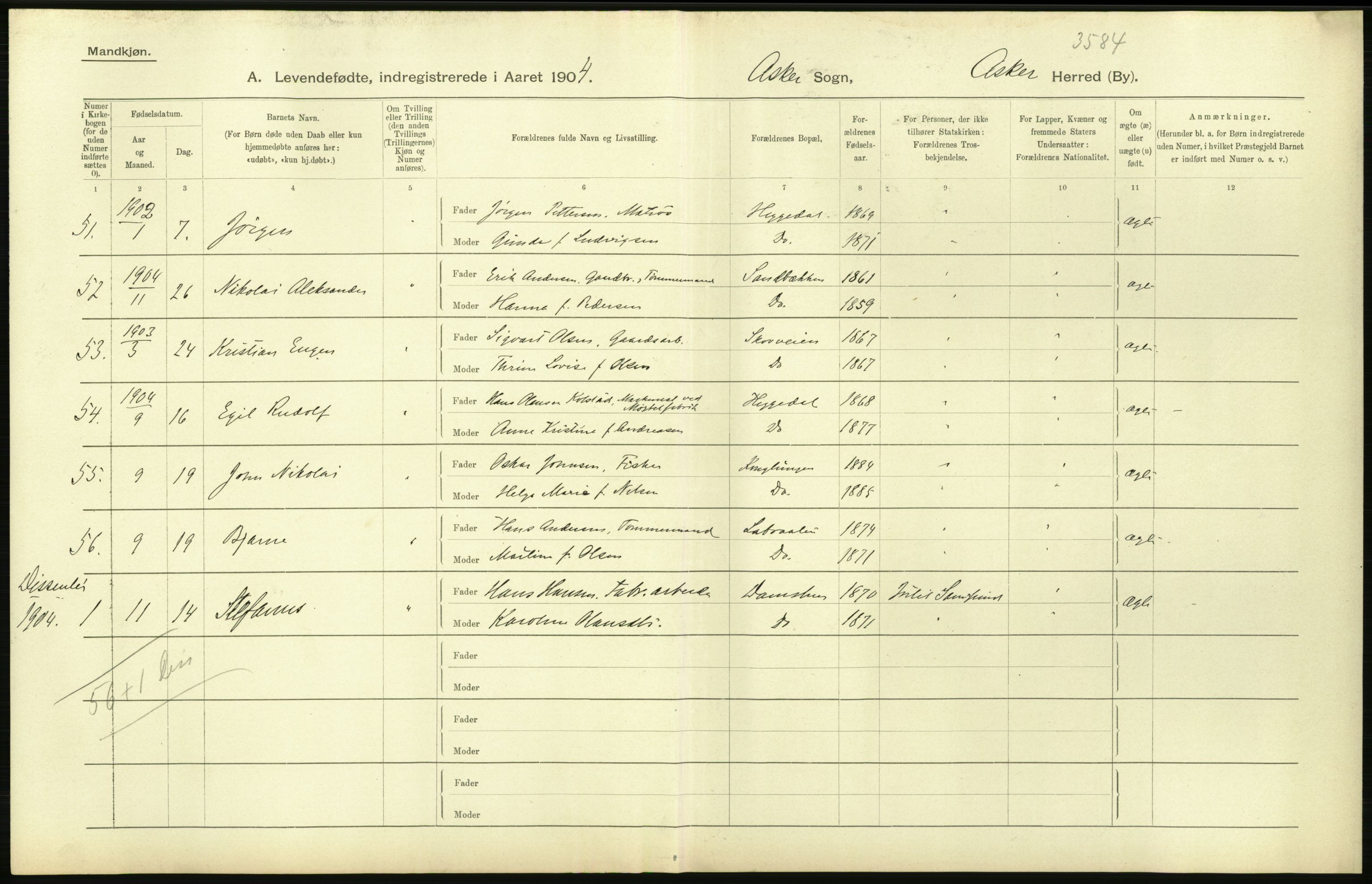 Statistisk sentralbyrå, Sosiodemografiske emner, Befolkning, AV/RA-S-2228/D/Df/Dfa/Dfab/L0002: Akershus amt: Fødte, gifte, døde, 1904, p. 52