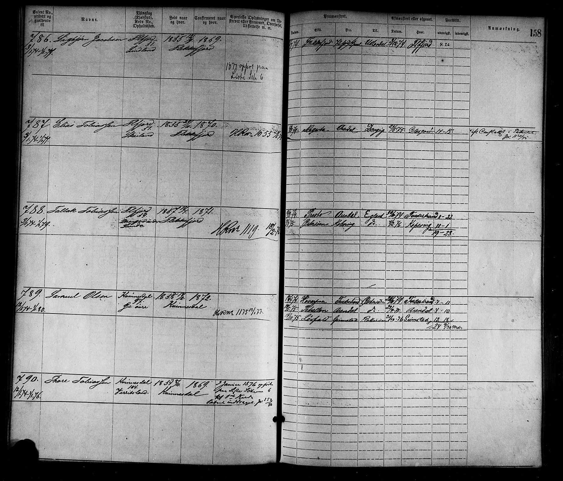 Flekkefjord mønstringskrets, SAK/2031-0018/F/Fa/L0002: Annotasjonsrulle nr 1-1920 med register, N-2, 1870-1891, p. 183