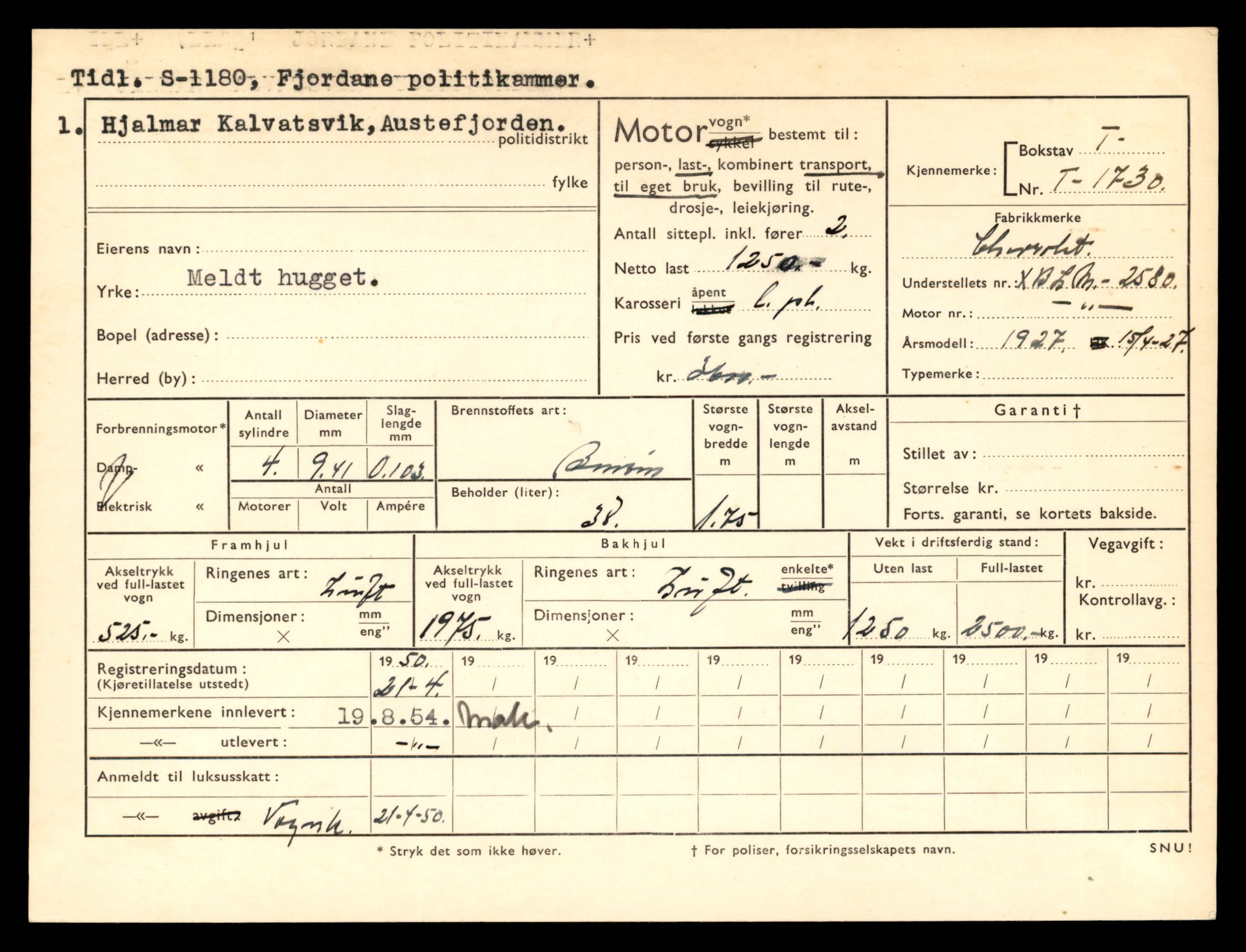 Møre og Romsdal vegkontor - Ålesund trafikkstasjon, AV/SAT-A-4099/F/Fe/L0015: Registreringskort for kjøretøy T 1700 - T 1850, 1927-1998, p. 626