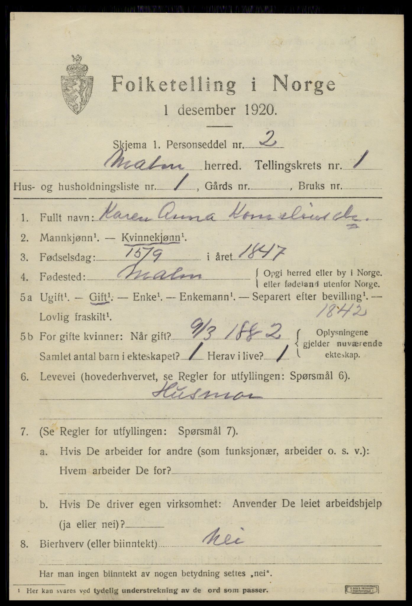 SAT, 1920 census for Malm, 1920, p. 375