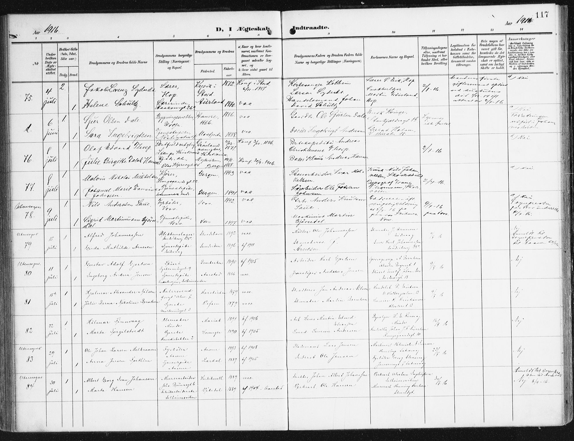 Domkirken sokneprestembete, SAB/A-74801/H/Haa/L0038: Parish register (official) no. D 5, 1906-1921, p. 117