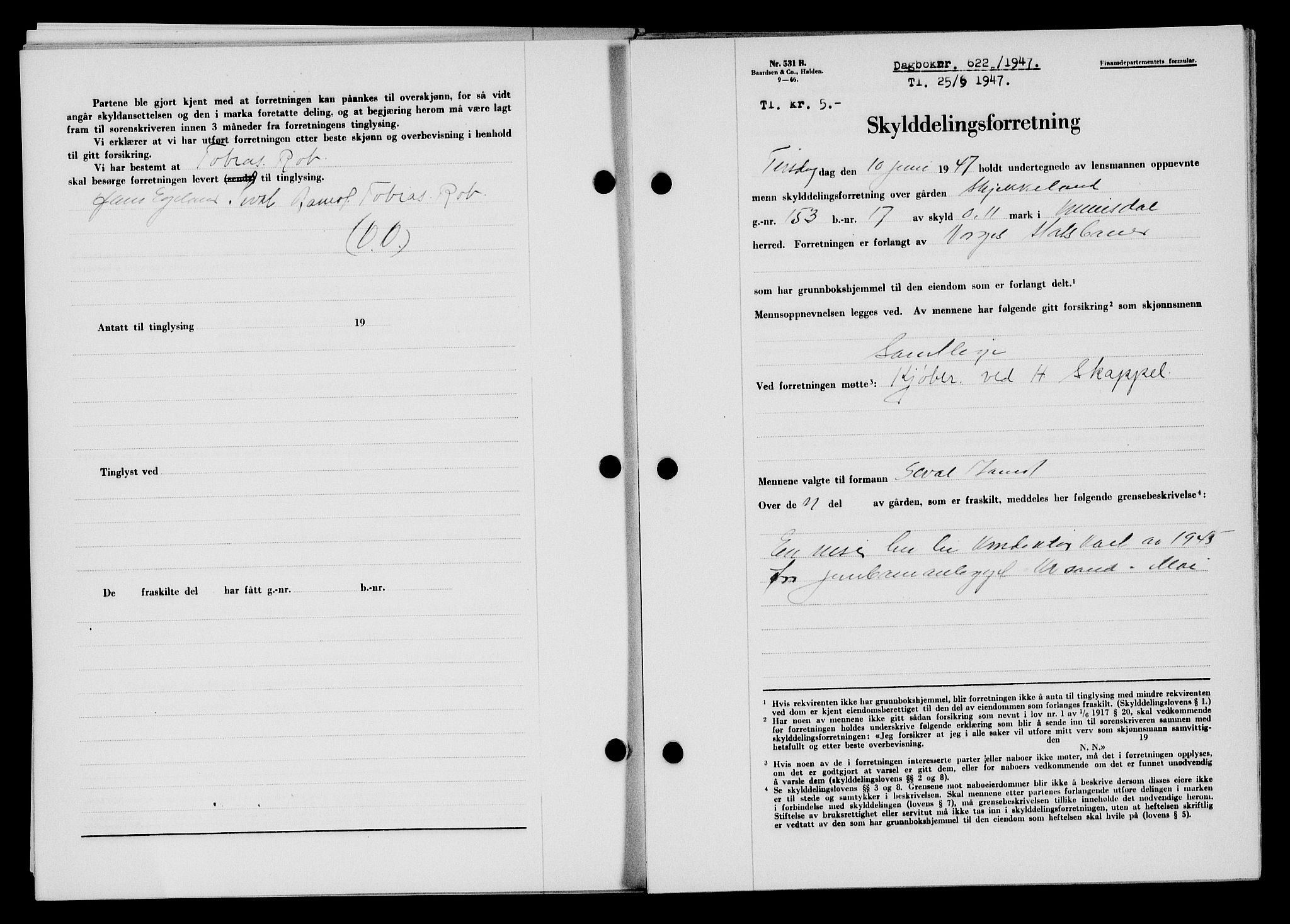 Flekkefjord sorenskriveri, SAK/1221-0001/G/Gb/Gba/L0062: Mortgage book no. A-10, 1947-1947, Diary no: : 622/1947