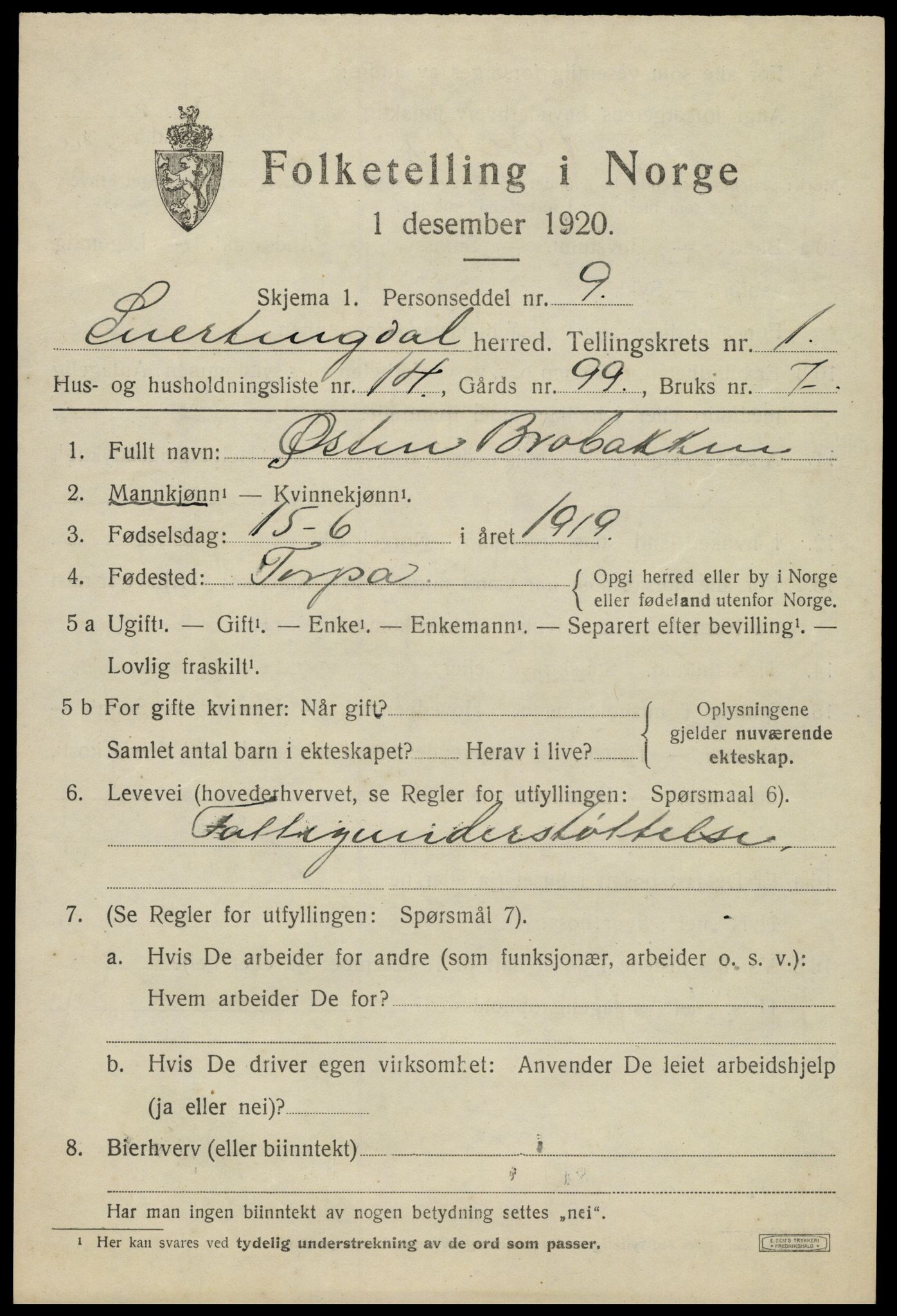 SAH, 1920 census for Snertingdal, 1920, p. 969