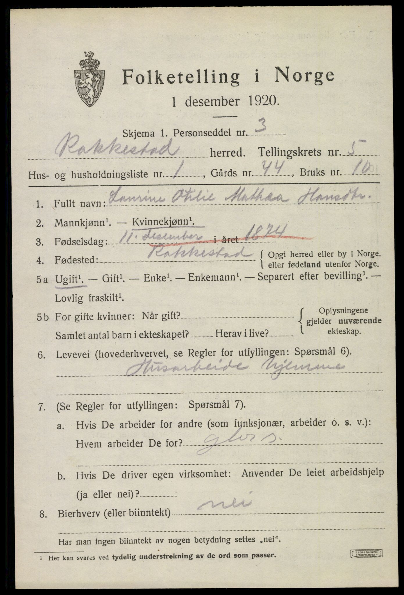 SAO, 1920 census for Rakkestad, 1920, p. 6013