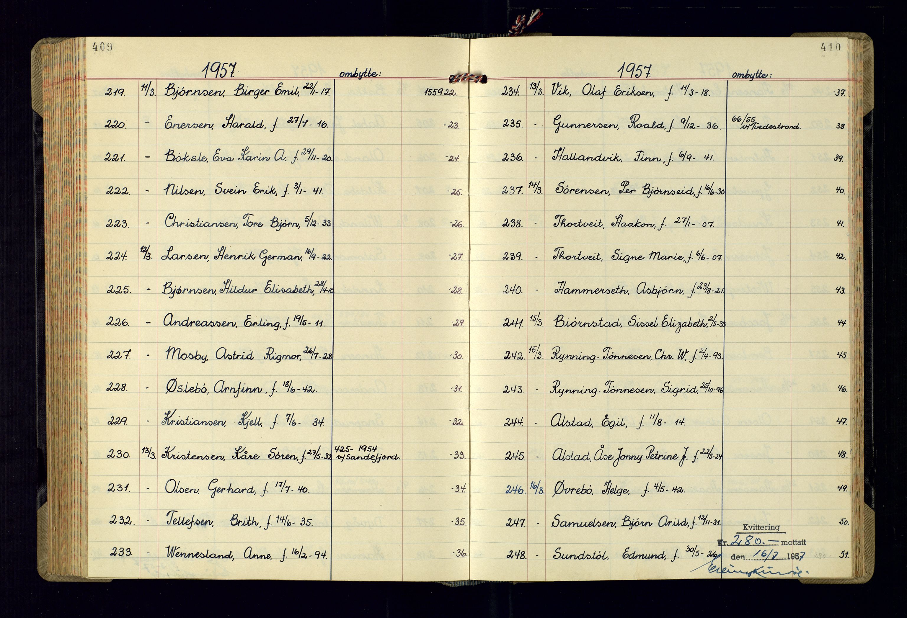 Kristiansand politikammer - 2, AV/SAK-1243-0009/K/Ka/Kaa/L0613: Passprotokoll, liste med løpenumre, 1954-1958, p. 409-410