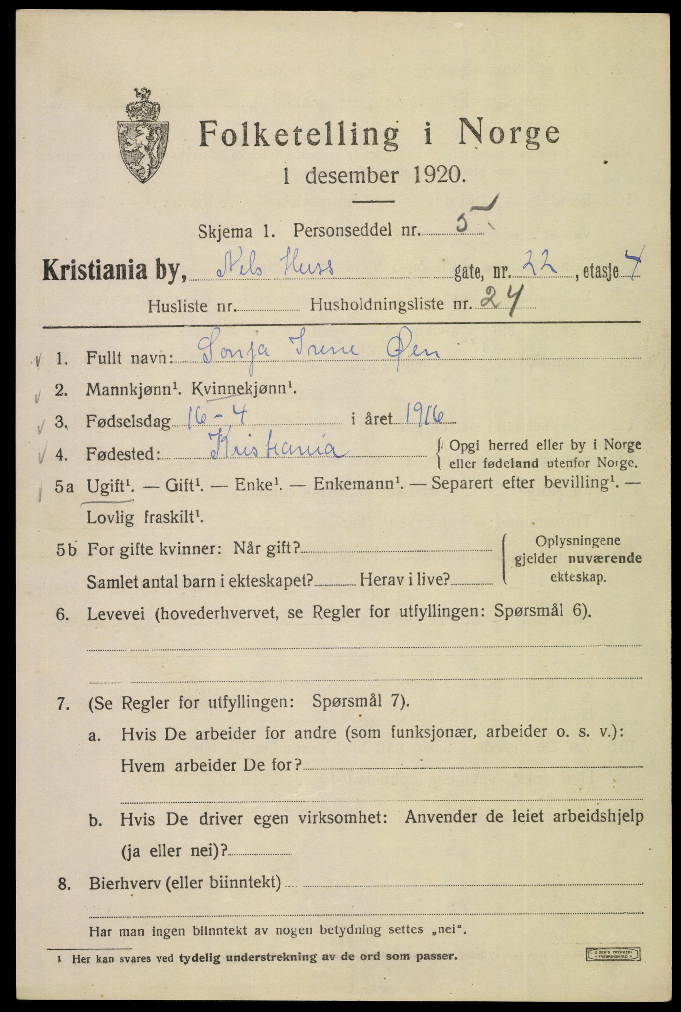 SAO, 1920 census for Kristiania, 1920, p. 414005