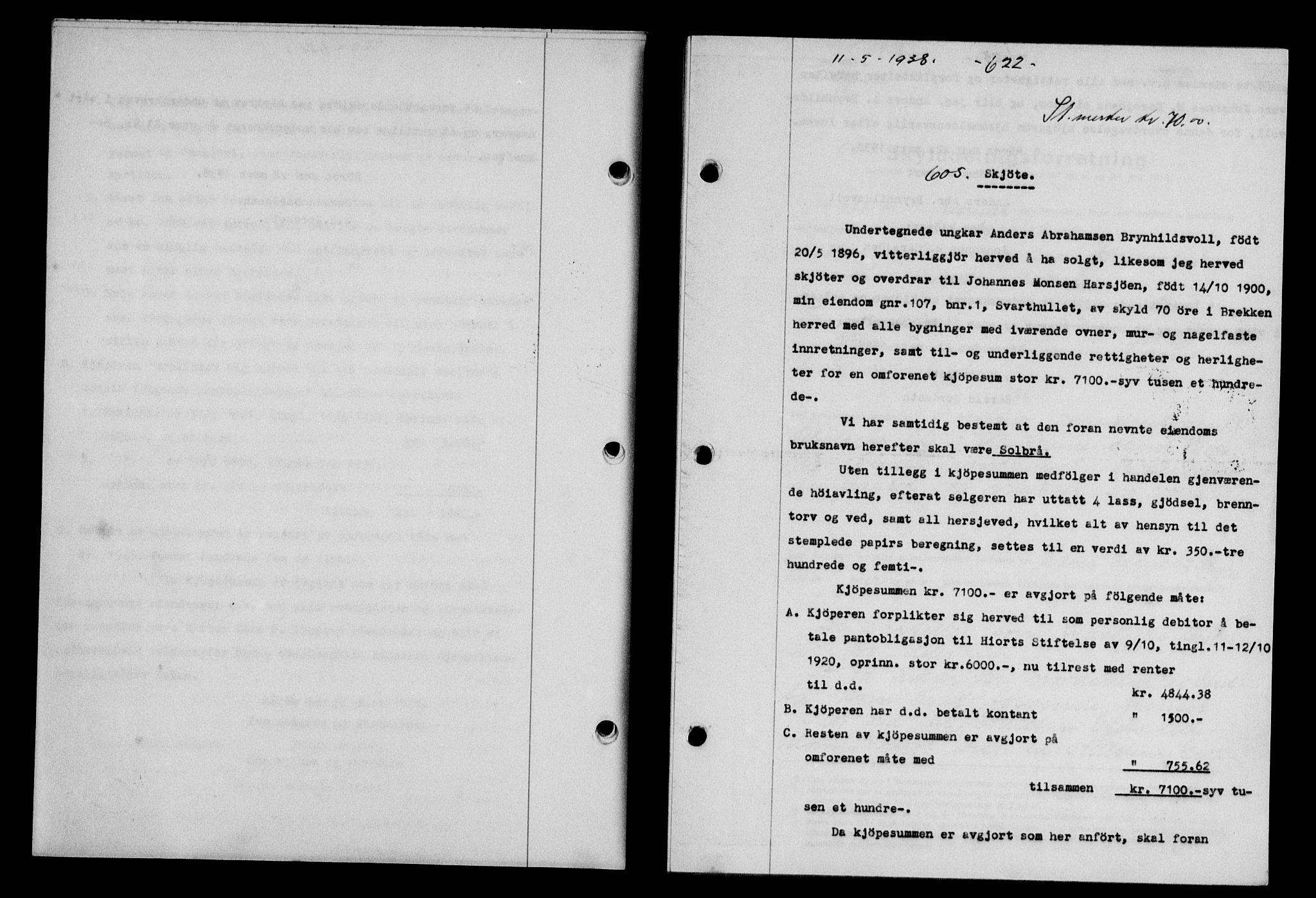 Gauldal sorenskriveri, SAT/A-0014/1/2/2C/L0048: Mortgage book no. 51-52, 1937-1938, p. 622, Diary no: : 605/1938