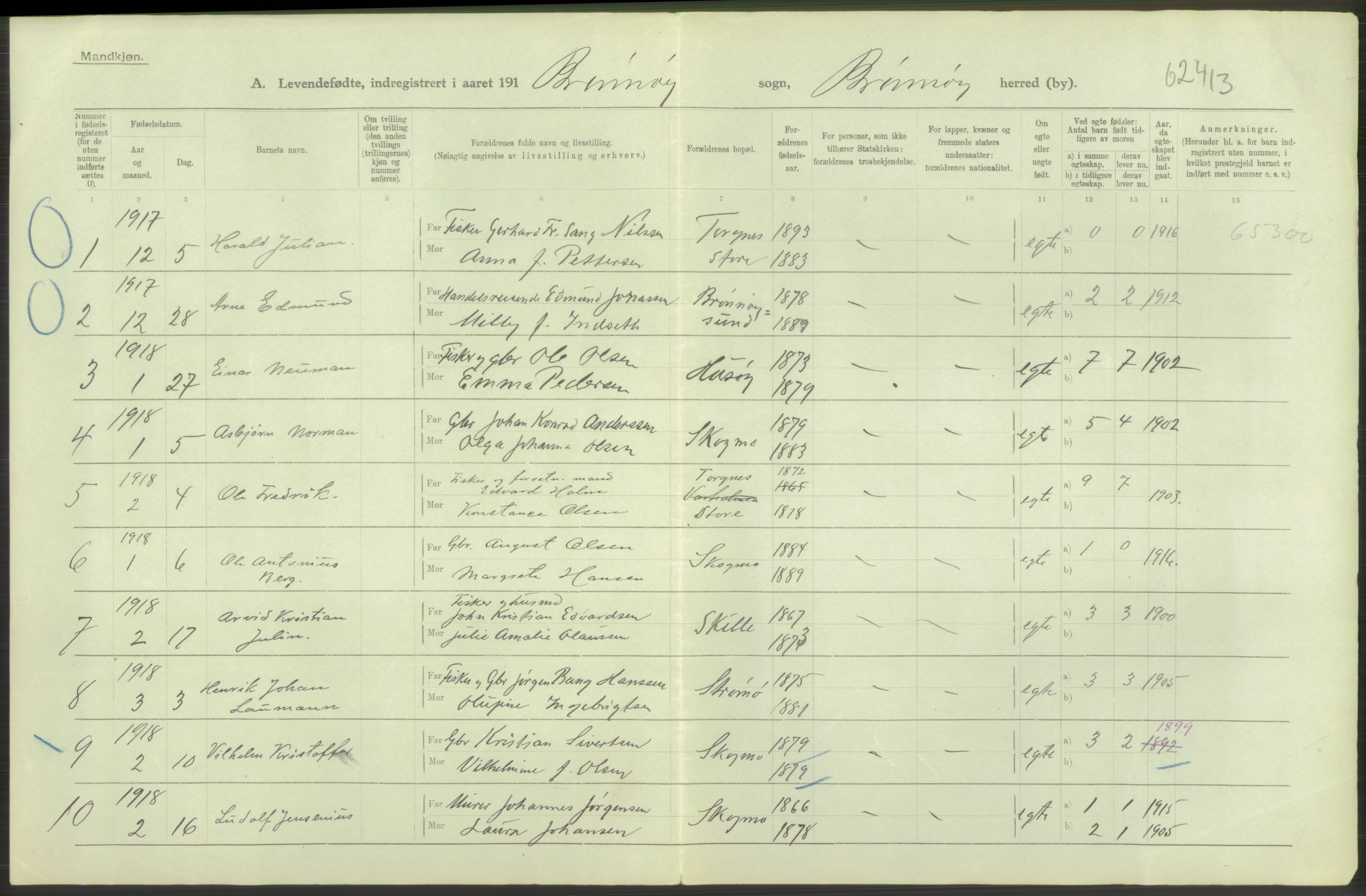 Statistisk sentralbyrå, Sosiodemografiske emner, Befolkning, AV/RA-S-2228/D/Df/Dfb/Dfbh/L0052: Nordland fylke: Levendefødte menn og kvinner. Bygder., 1918, p. 30