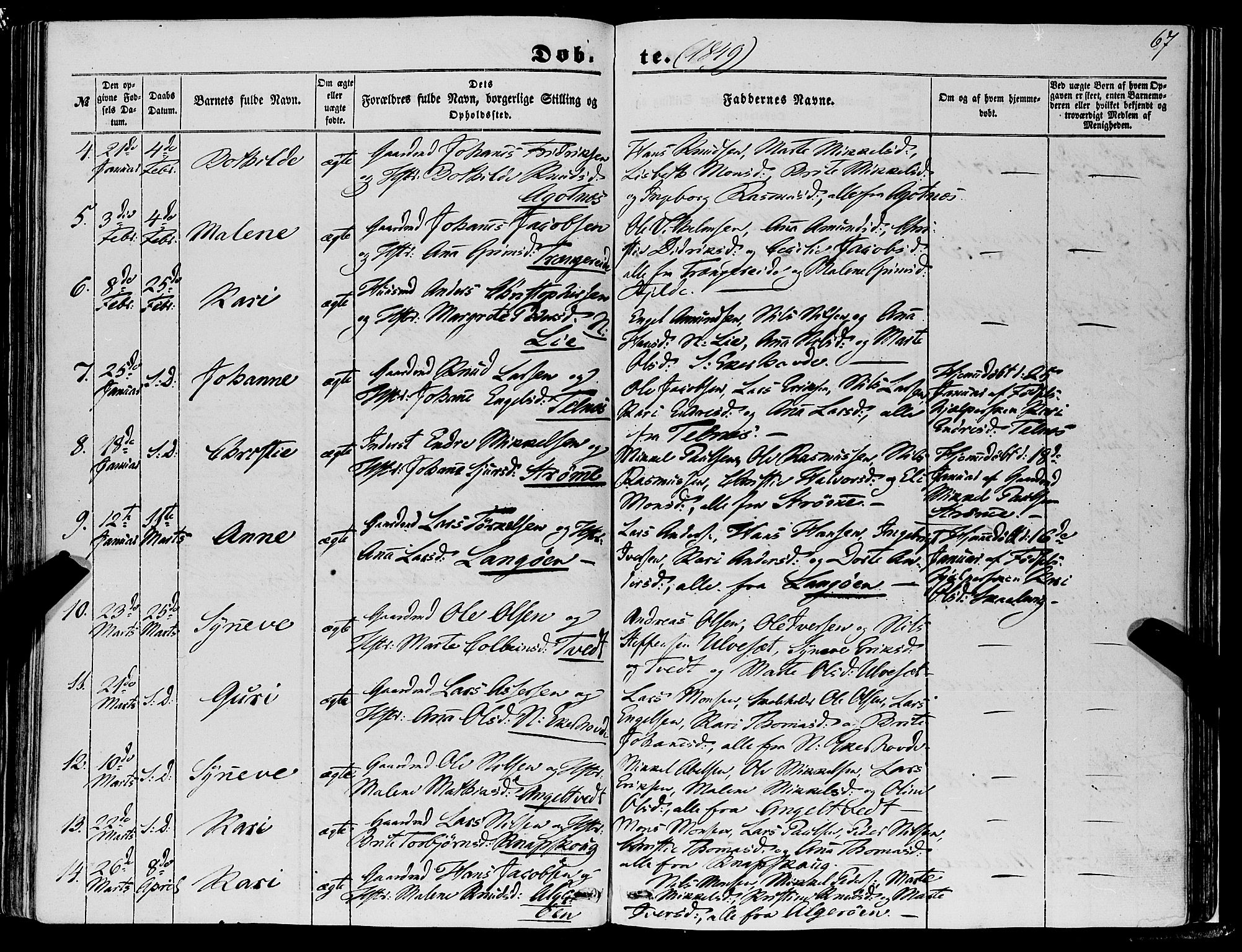 Fjell sokneprestembete, SAB/A-75301/H/Haa: Parish register (official) no. A 2, 1847-1864, p. 67