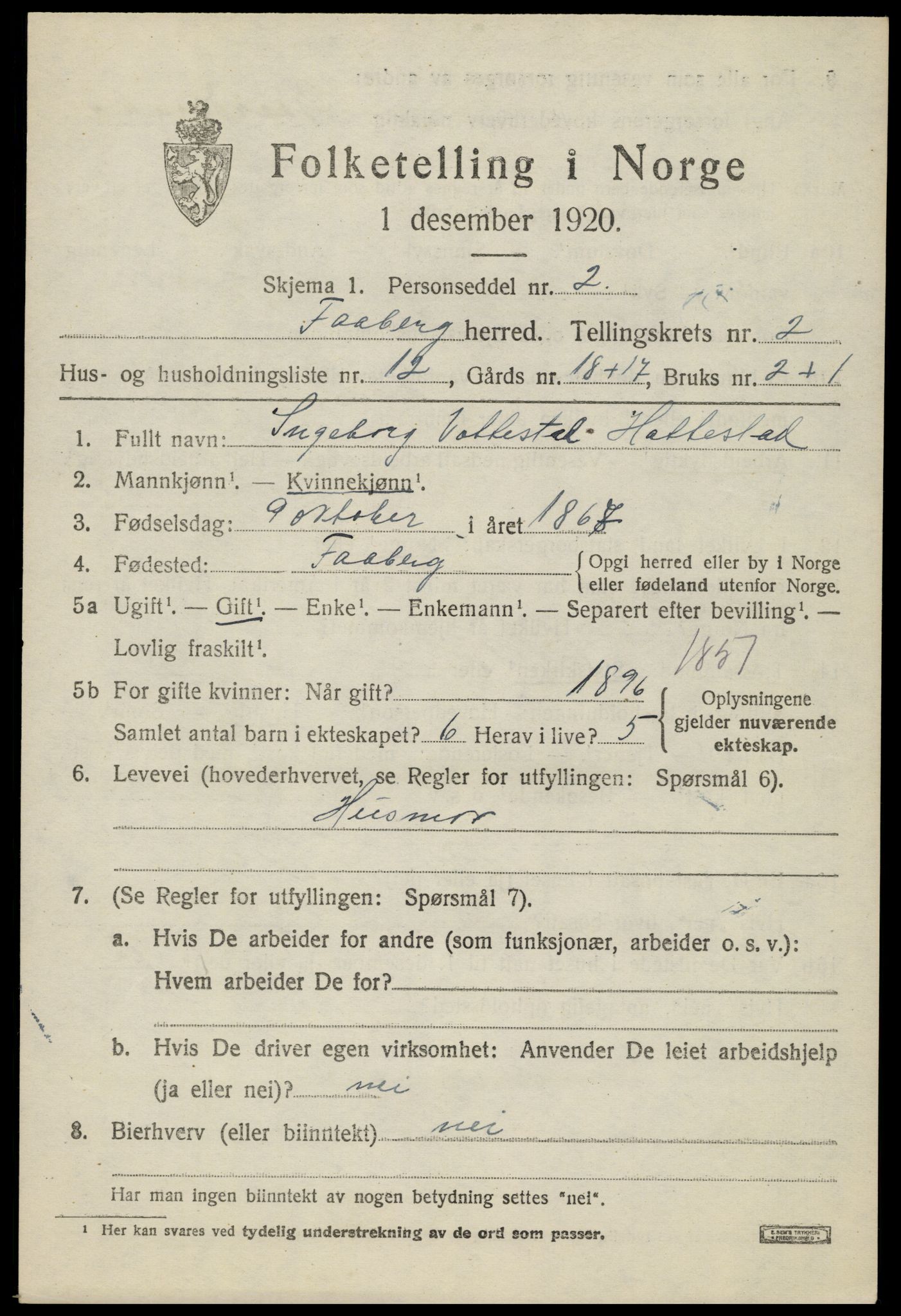SAH, 1920 census for Fåberg, 1920, p. 3376