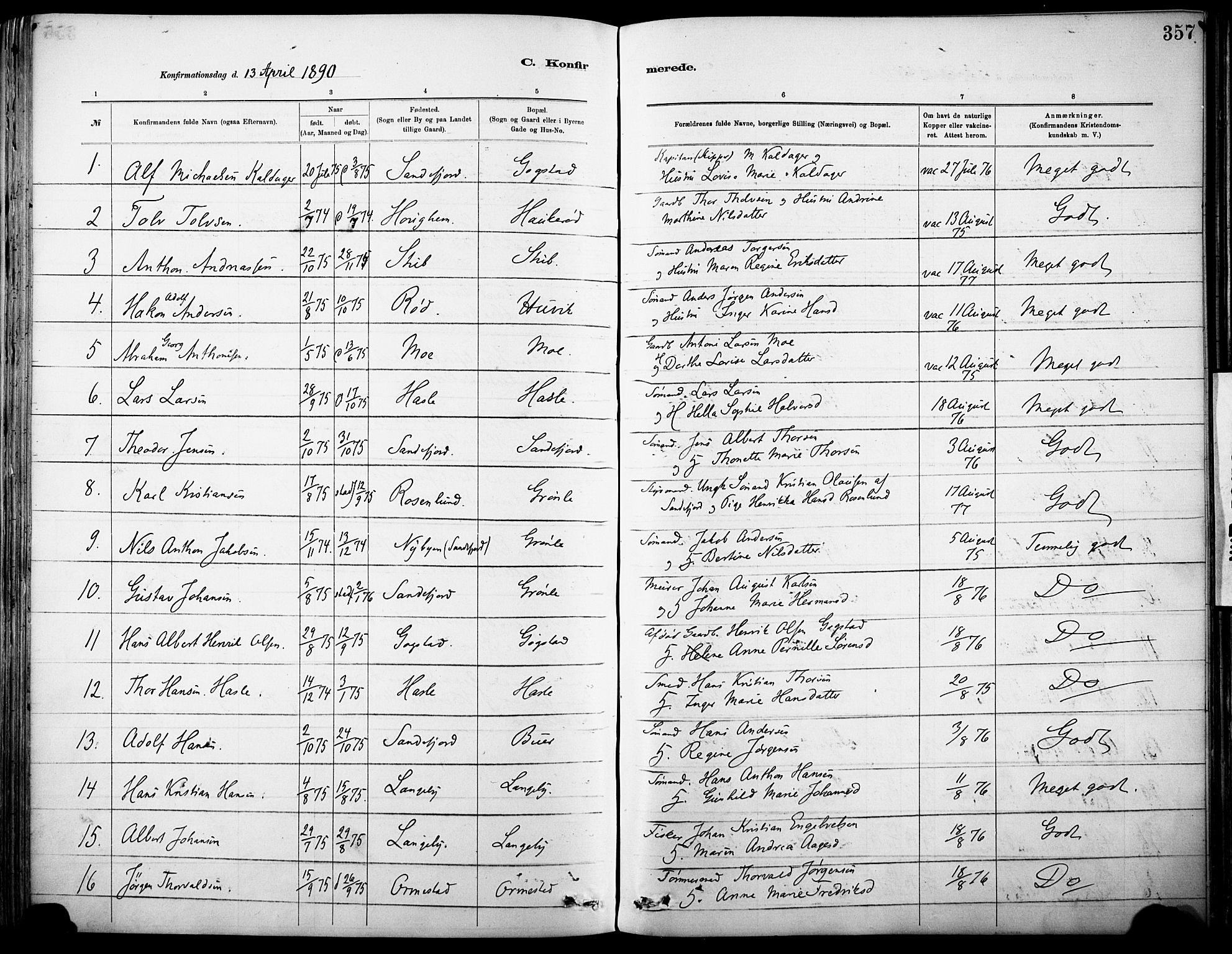 Sandar kirkebøker, SAKO/A-243/F/Fa/L0012: Parish register (official) no. 12, 1883-1895, p. 357