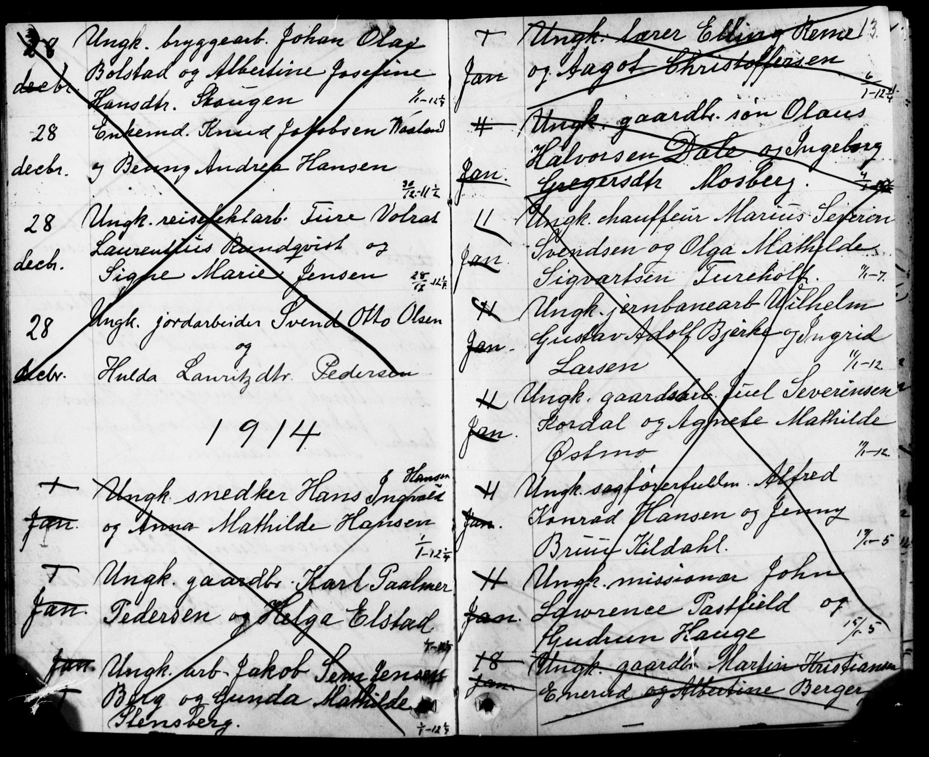 Oslo domkirke Kirkebøker, SAO/A-10752/H/Ha/L0005: Banns register no. 5, 1913-1919, p. 12-13
