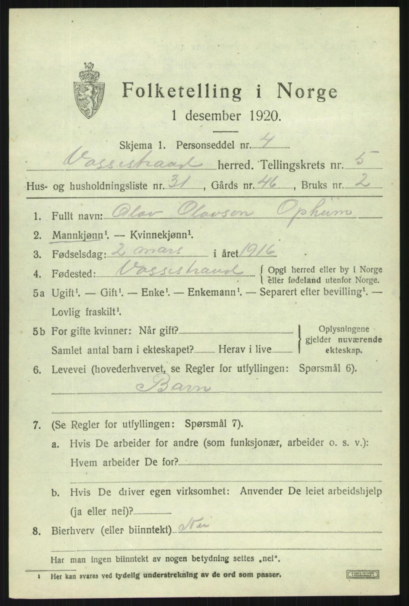 SAB, 1920 census for Vossestrand, 1920, p. 2756