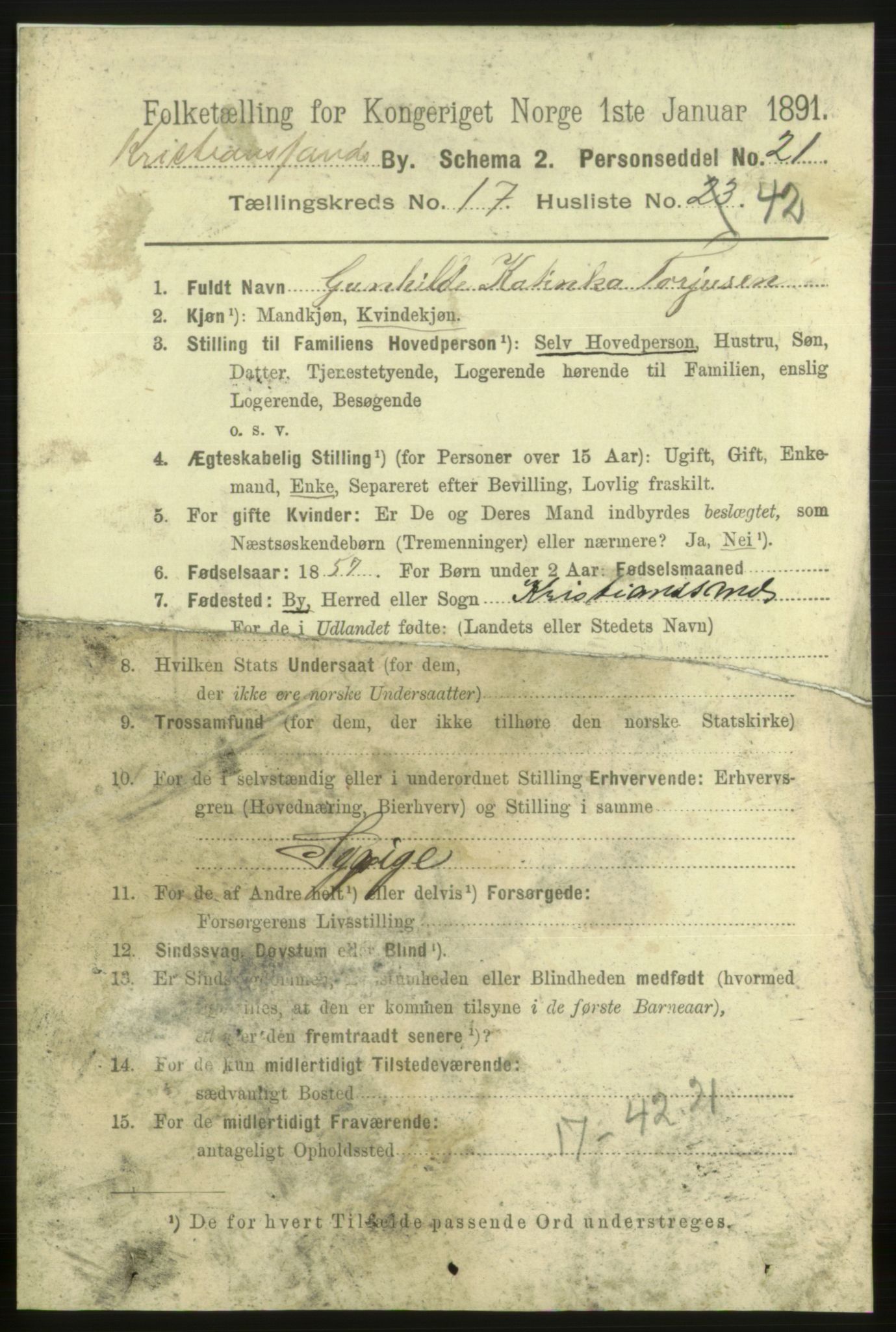 RA, 1891 census for 1001 Kristiansand, 1891, p. 7191