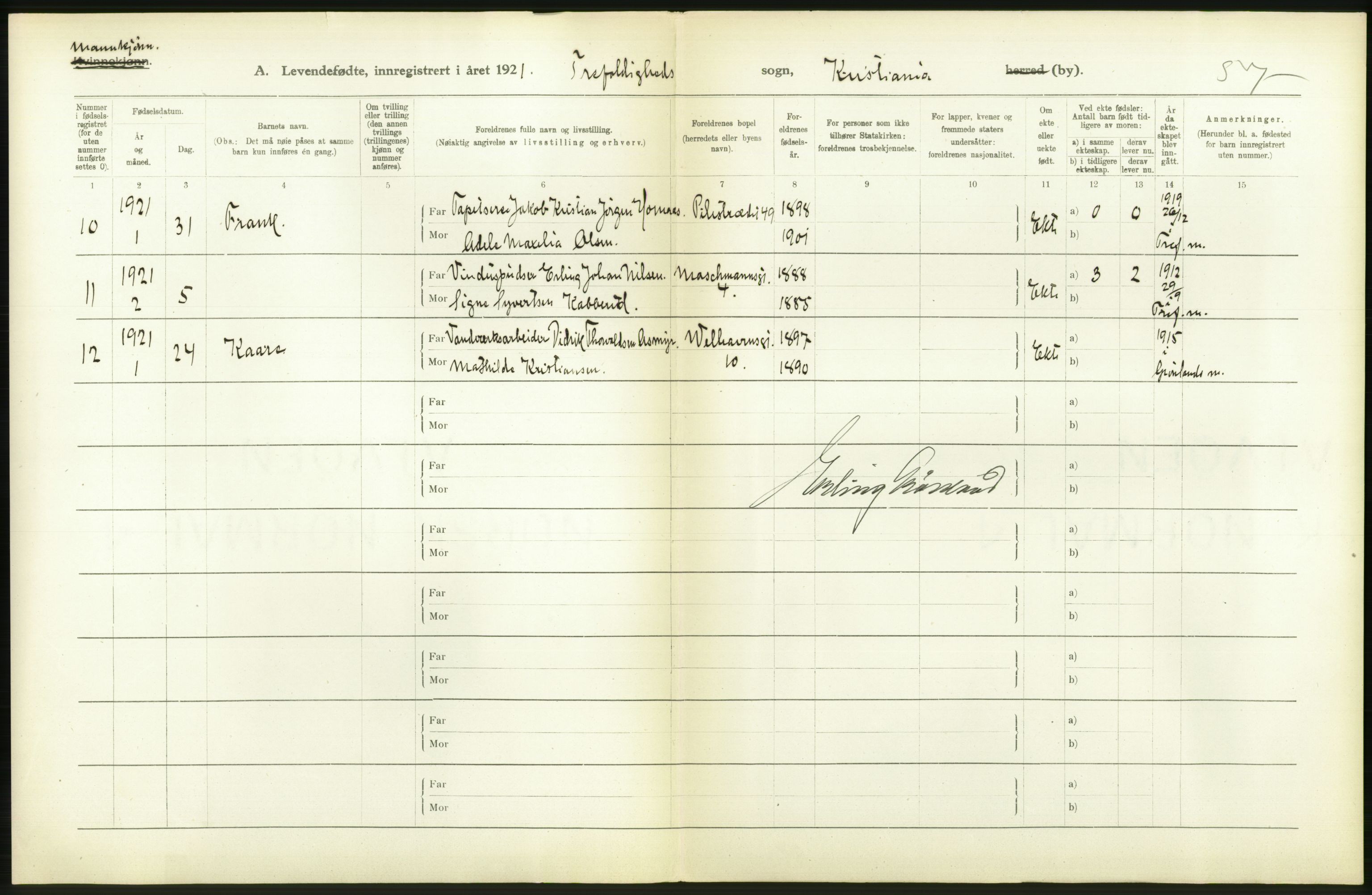 Statistisk sentralbyrå, Sosiodemografiske emner, Befolkning, RA/S-2228/D/Df/Dfc/Dfca/L0009: Kristiania: Levendefødte menn og kvinner., 1921, p. 430