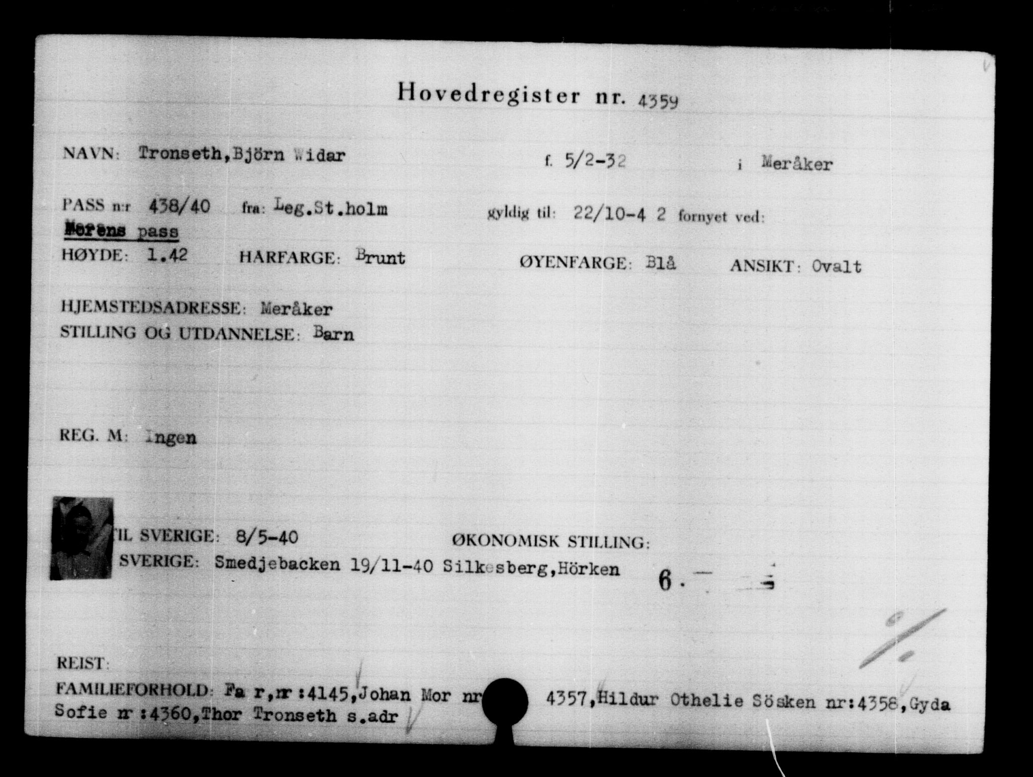 Utenriksstasjonene, Legasjonen i Stockholm, Flyktningkontoret, AV/RA-S-6753/V/Va/L0004: Kjesäterkartoteket, flyktninger med registreringsnr. 3496-6610, 1940-1945, p. 1044