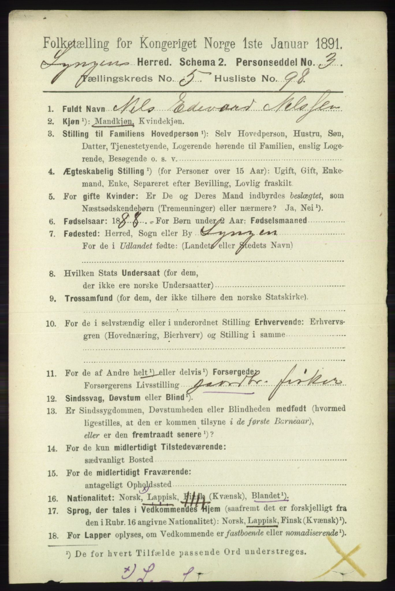 RA, 1891 census for 1938 Lyngen, 1891, p. 5072