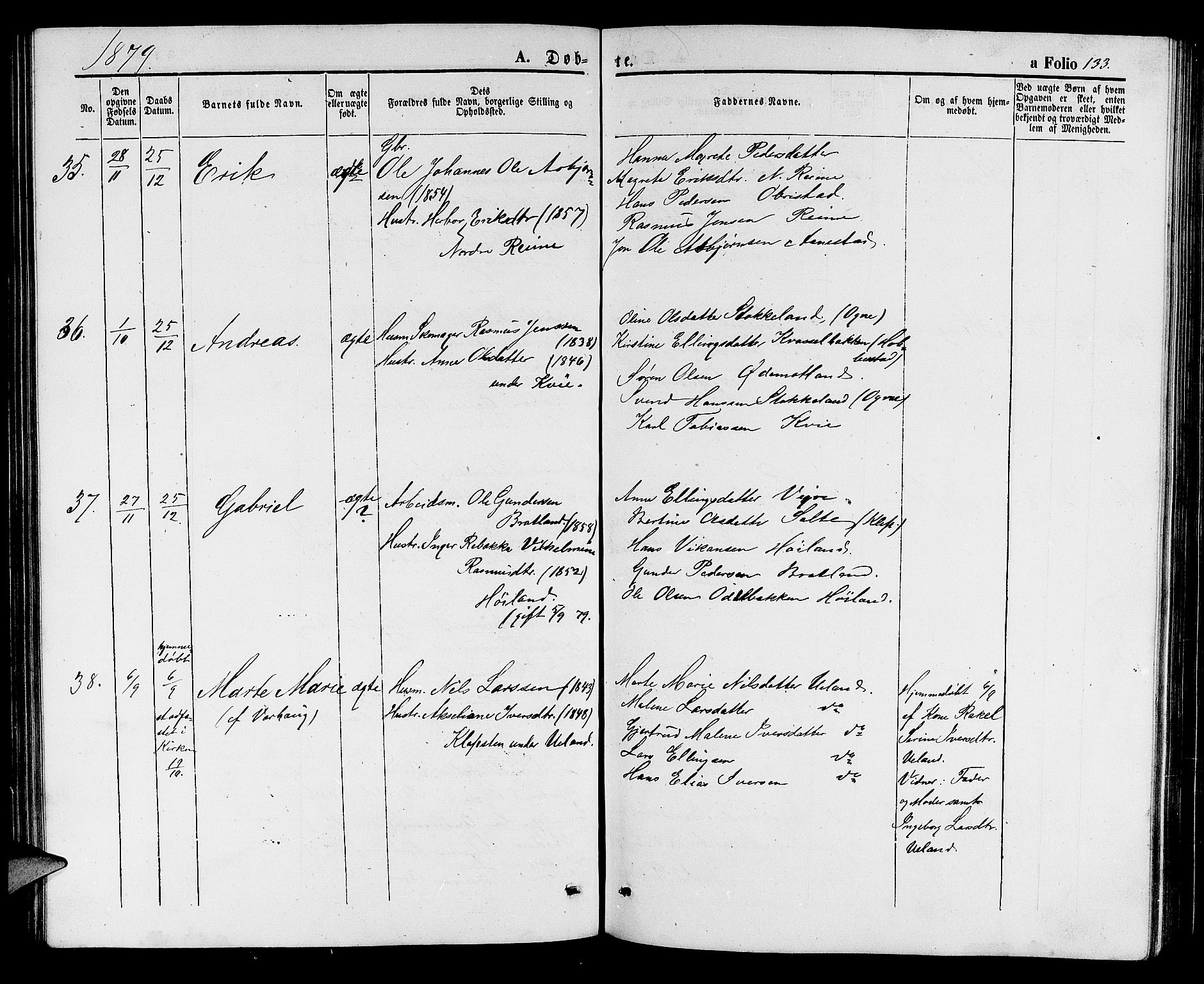 Hå sokneprestkontor, AV/SAST-A-101801/001/30BB/L0001: Parish register (copy) no. B 1, 1854-1883, p. 133